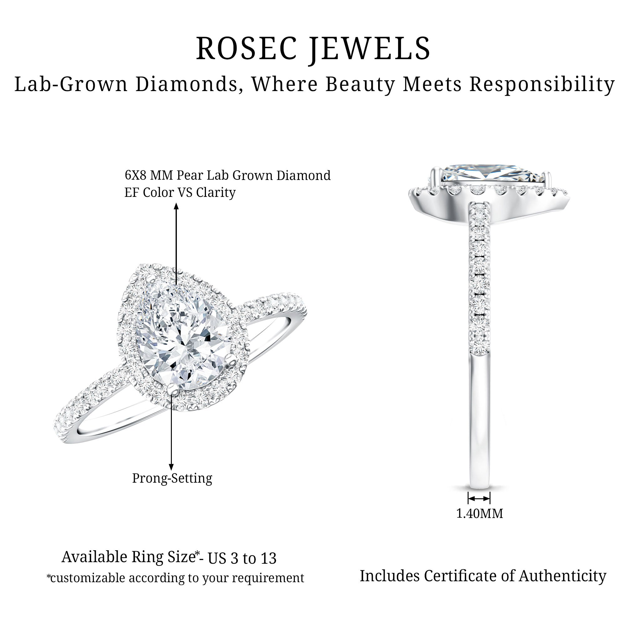 Certified Lab Grown Diamond Pear Halo Engagement Ring Lab - ( EF-VS ) - Rosec Jewels