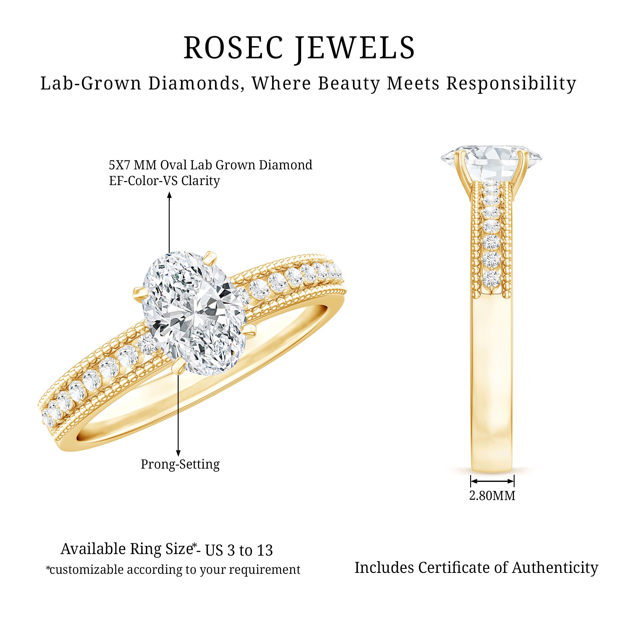 Certified 5X7 MM Oval Lab Grown Diamond Vintage Inspired Engagement Ring Lab - ( EF-VS ) - Rosec Jewels