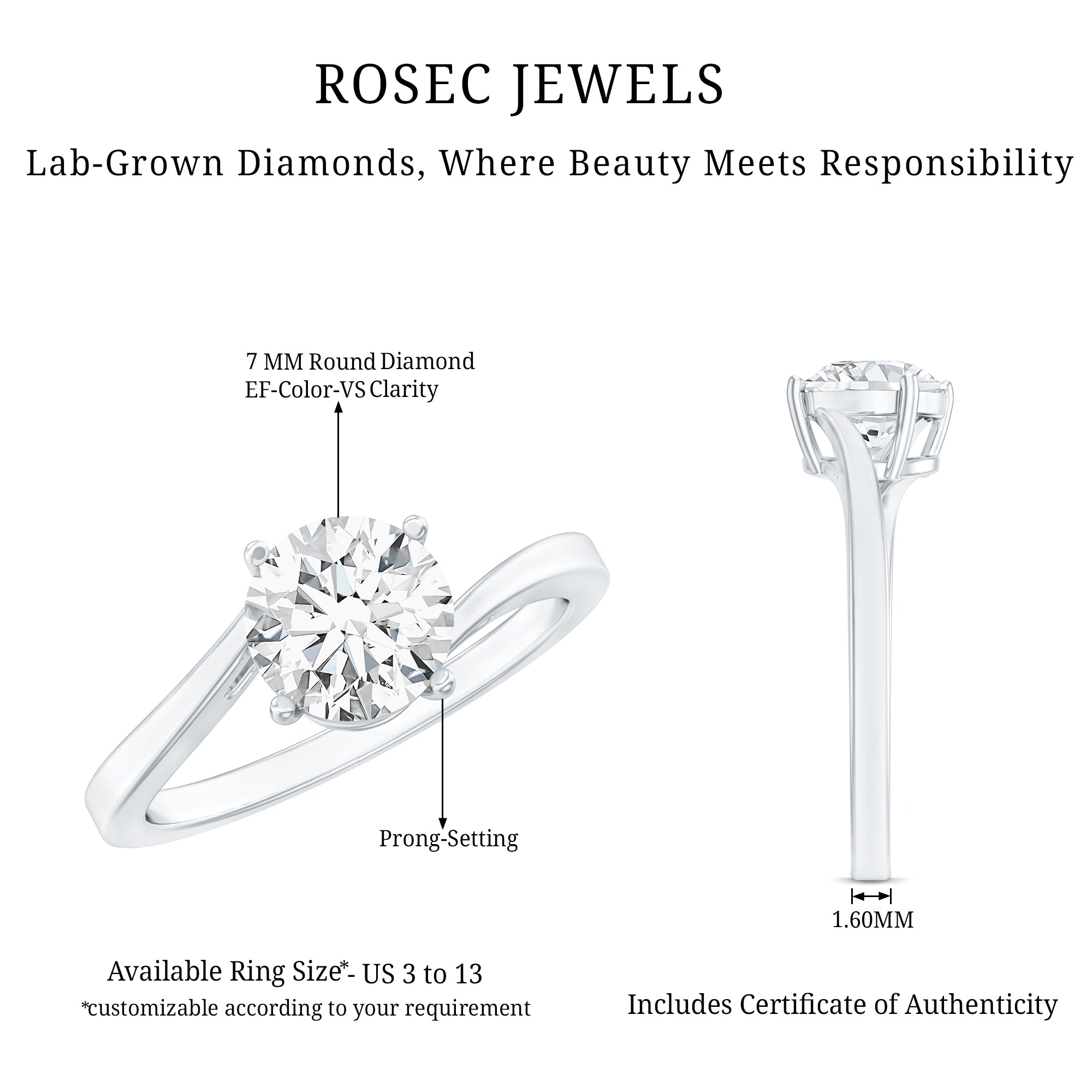 1 Carat Lab Grown Diamond Bypass Engagement Ring Lab - ( EF-VS ) - Rosec Jewels