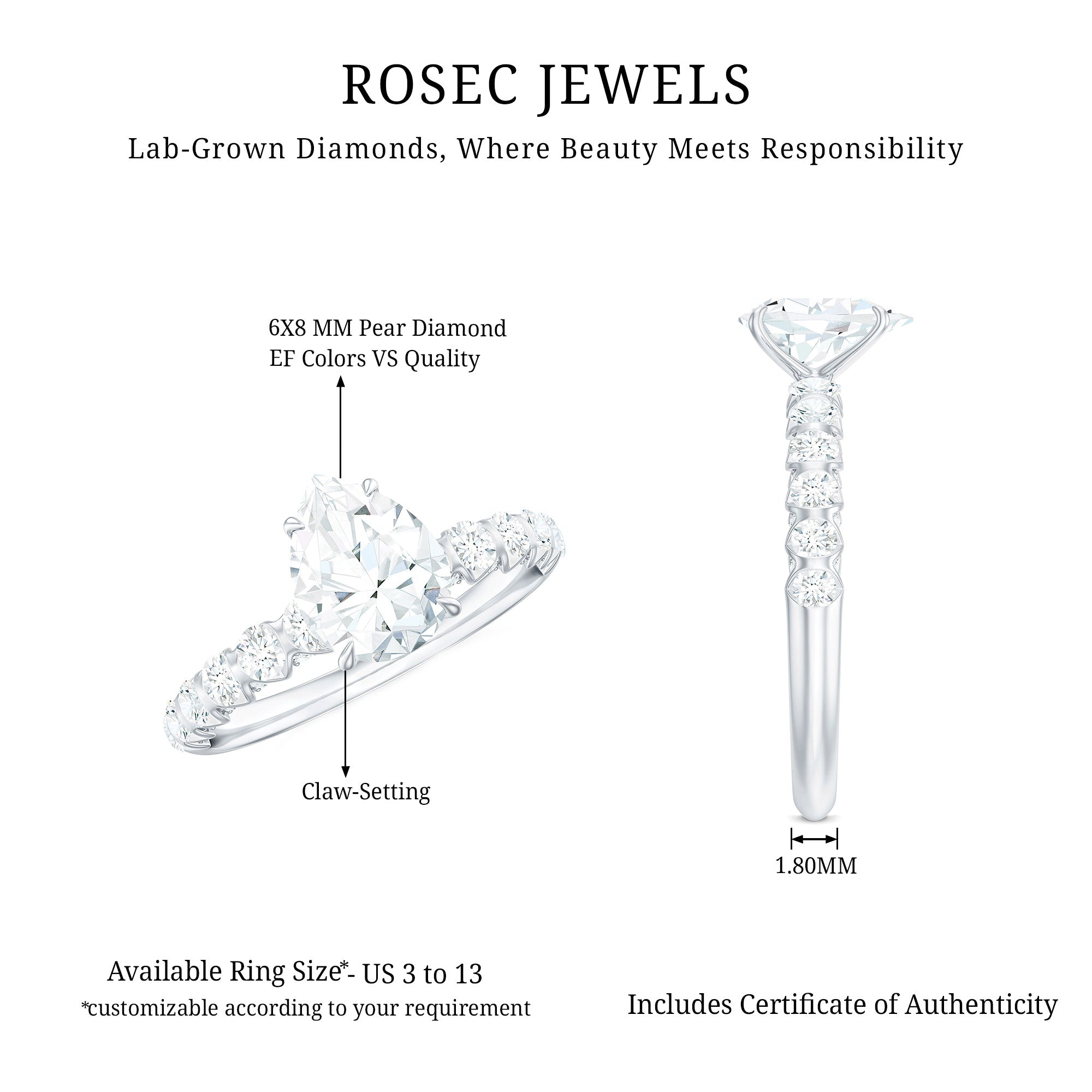 Rosec Jewels-1 CT Pear Cut Lab Grown Diamond Engagement Ring for Women