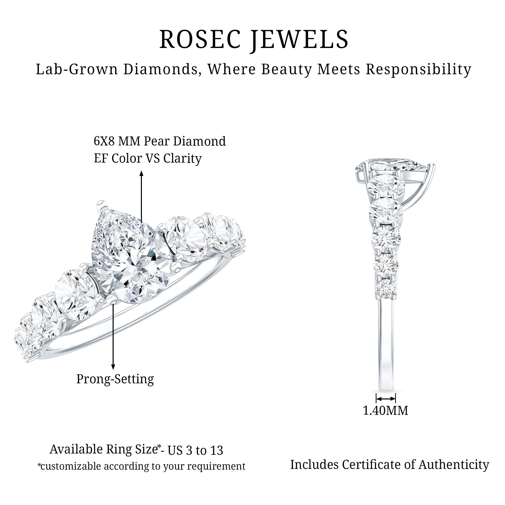 Certified Diamond Teardrop Engagement Ring with Sides Stones Lab - ( EF-VS ) - Rosec Jewels