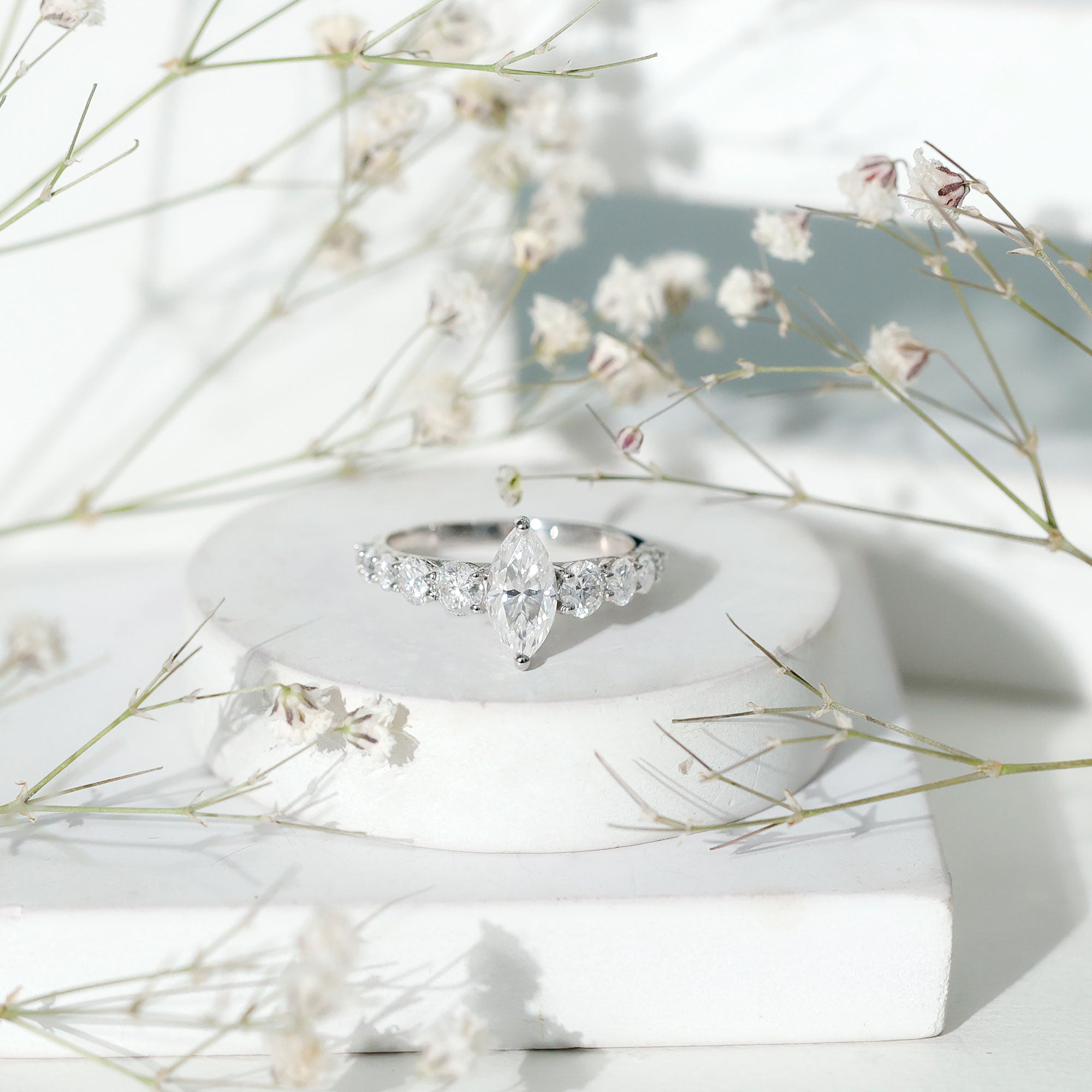 Lab Created Diamond Marquise Engagement Ring With Side Stones Lab - ( EF-VS ) - Rosec Jewels