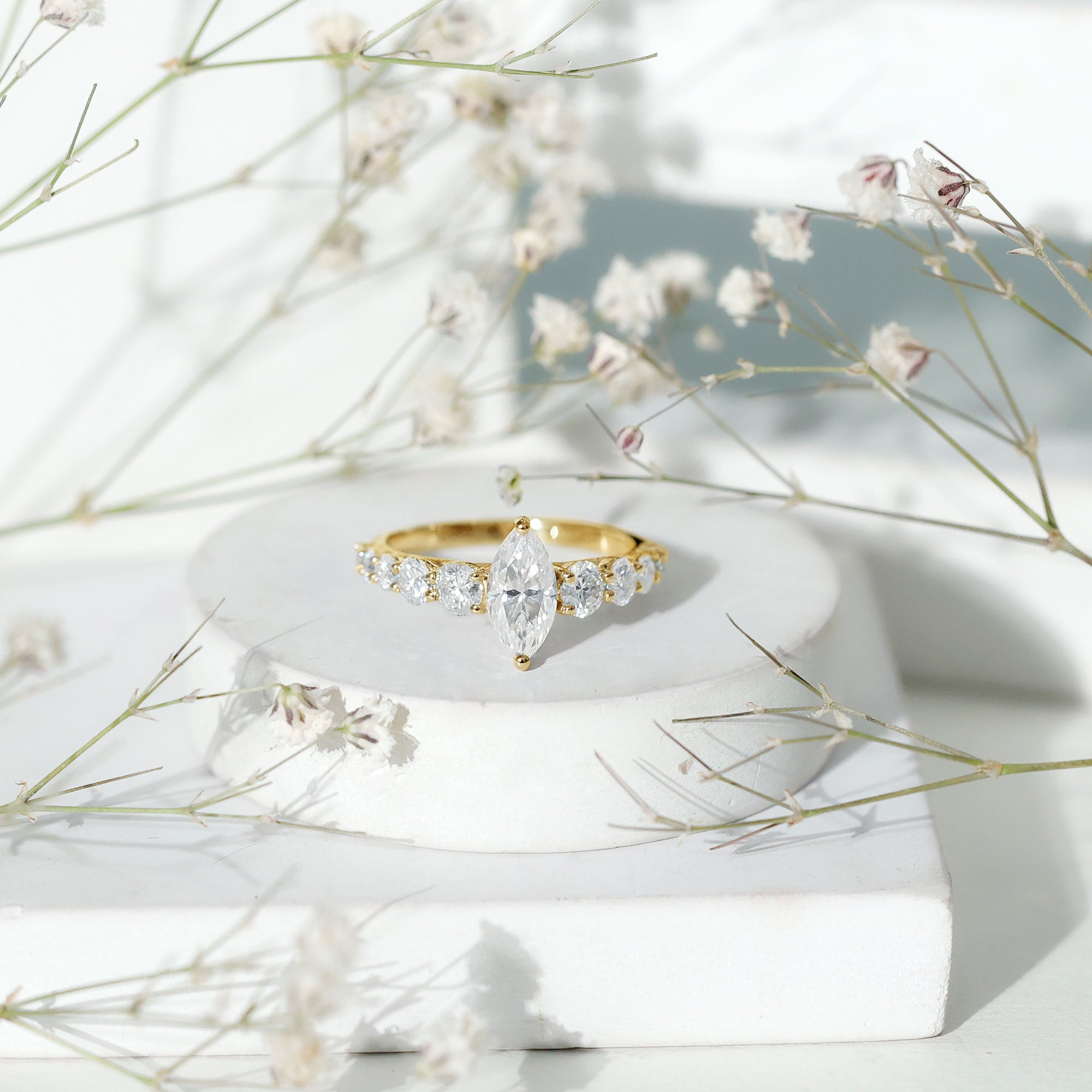 Lab Created Diamond Marquise Engagement Ring With Side Stones Lab - ( EF-VS ) - Rosec Jewels