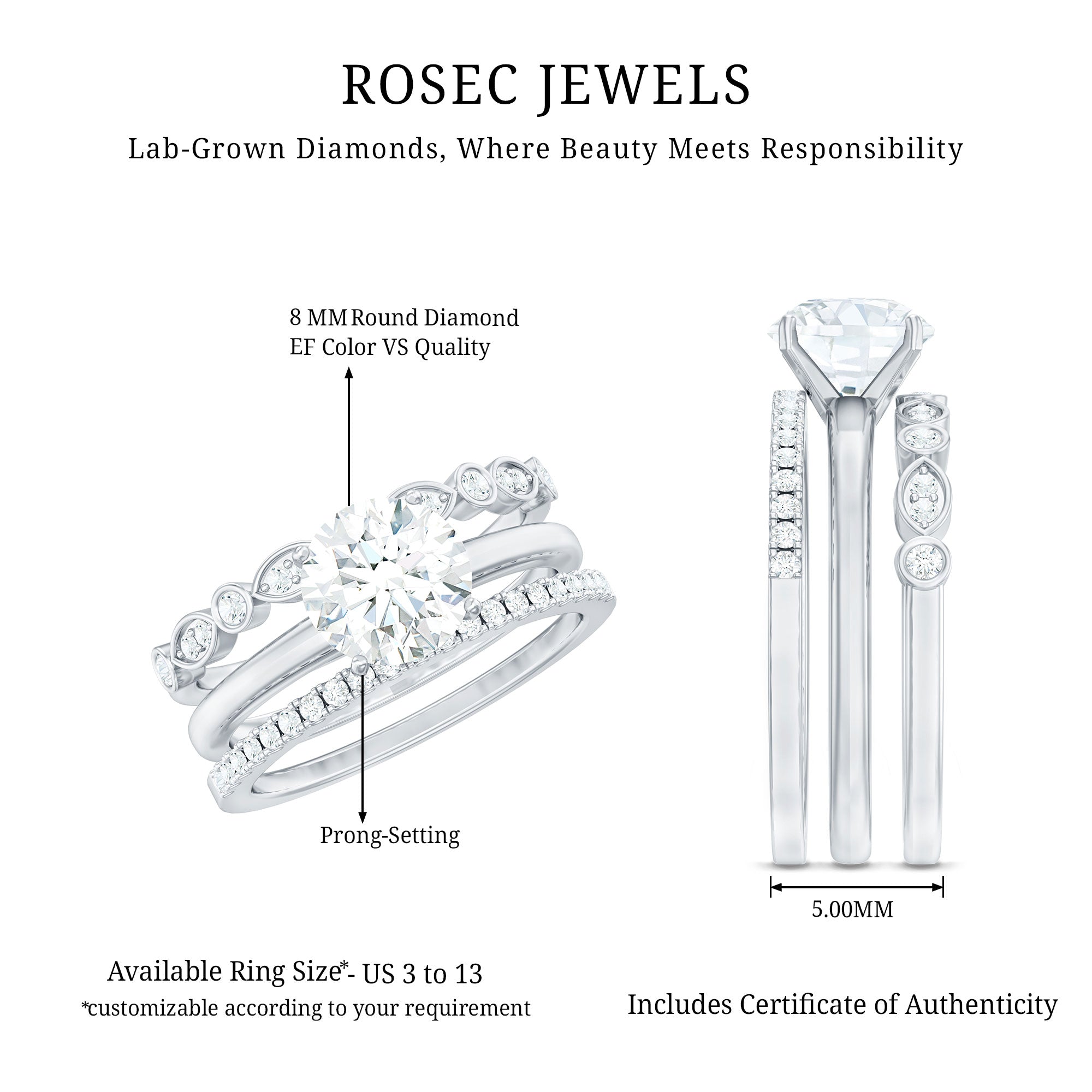 Rosec Jewels-Certified Round Cut Lab Created Diamond 3 Piece Bridal Ring Set