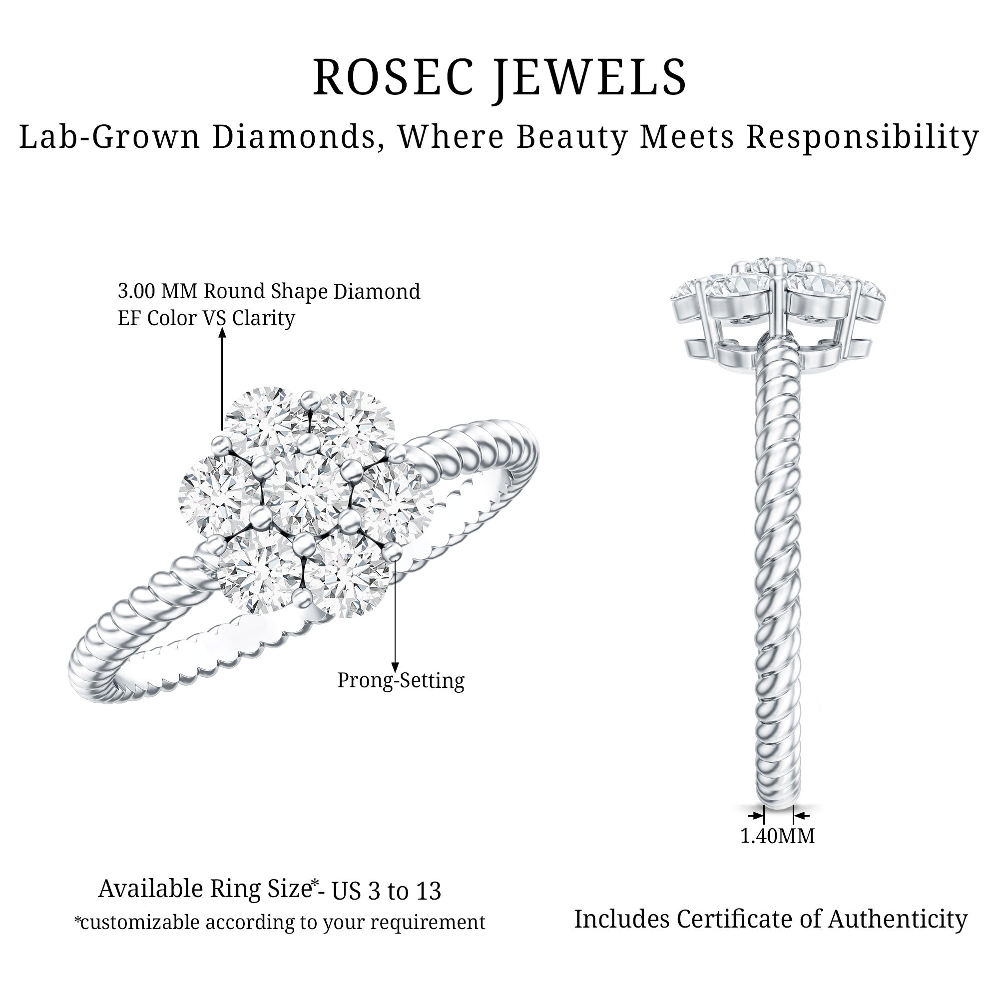 Lab Created Diamond Flower Engagement Ring for Her Lab - ( EF-VS ) - Rosec Jewels