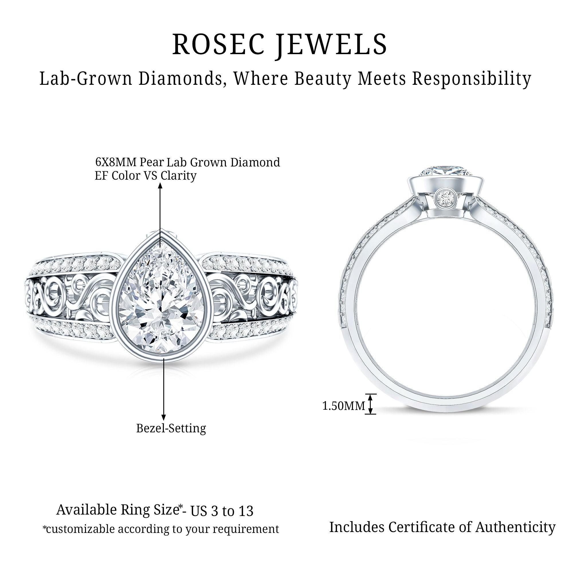 Certified Lab Created Diamond Antique Engagement Ring for Women Lab - ( EF-VS ) - Rosec Jewels