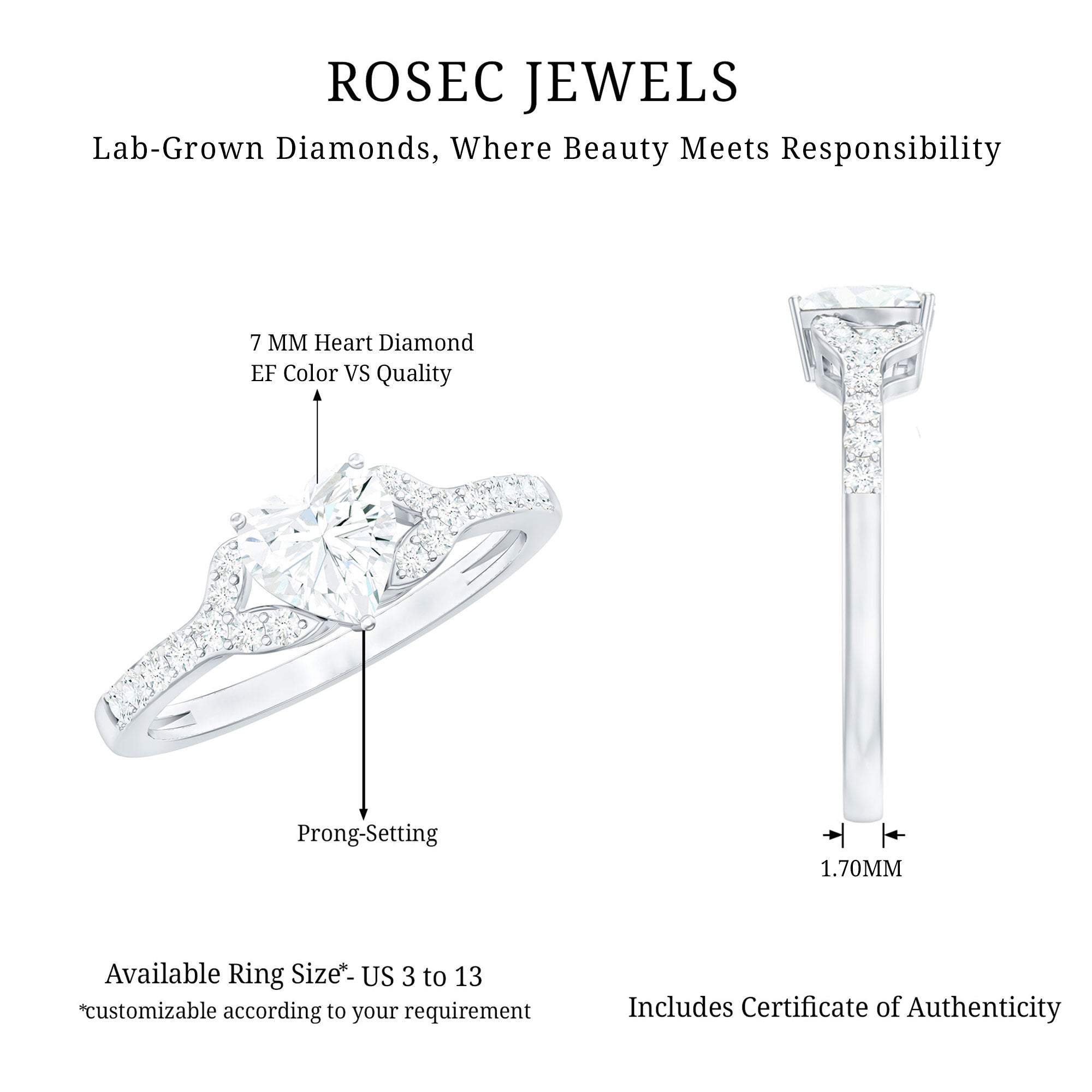 Certified 7mm Diamond Heart Solitaire Ring For Her Lab - ( EF-VS ) - Rosec Jewels