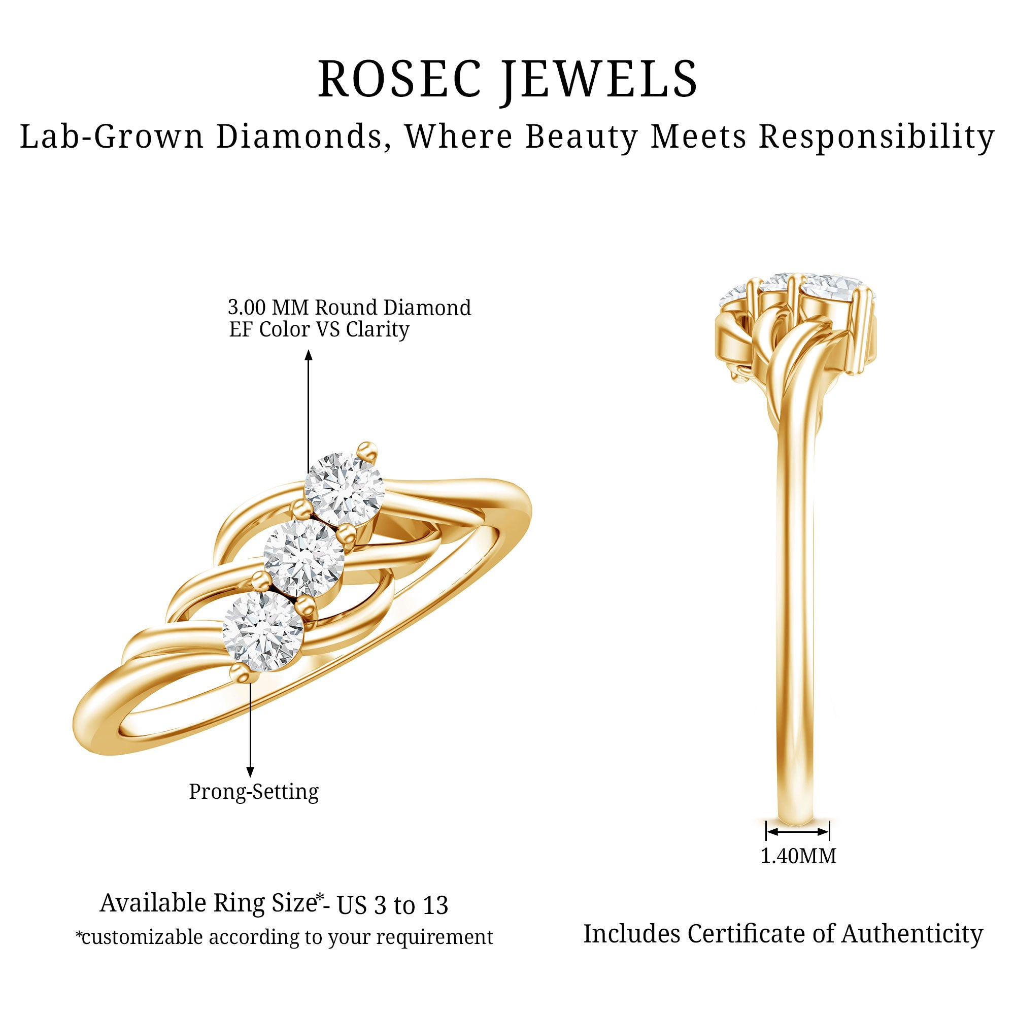 Certified Lab Grown Diamond Three Stone Proposal Ring Lab - ( EF-VS ) - Rosec Jewels