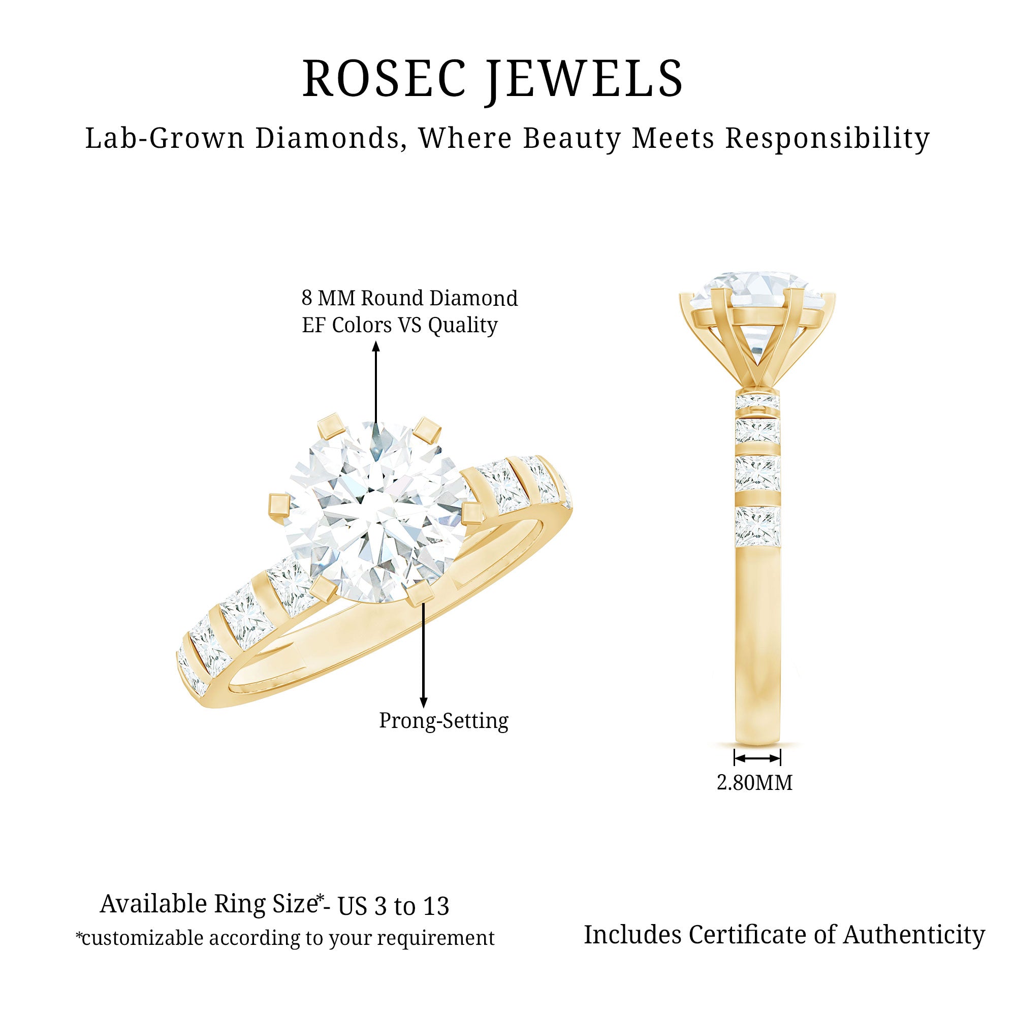 Rosec Jewels-Certified Lab Diamond 8 mm Round Engagement Ring With 6 Prong