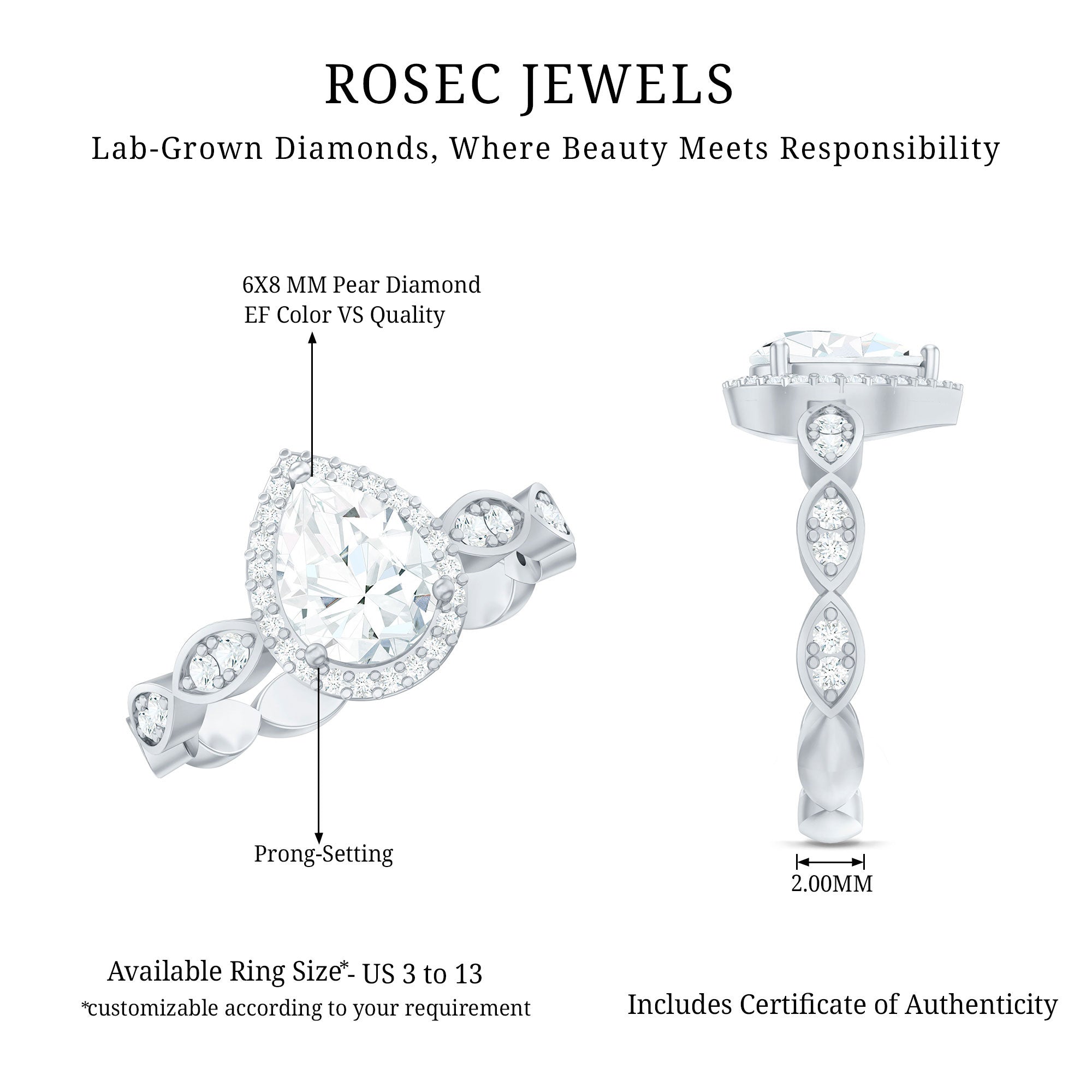 Rosec Jewels-Lab Grown Diamond Teardrop Engagement Ring with Scalloped Shank