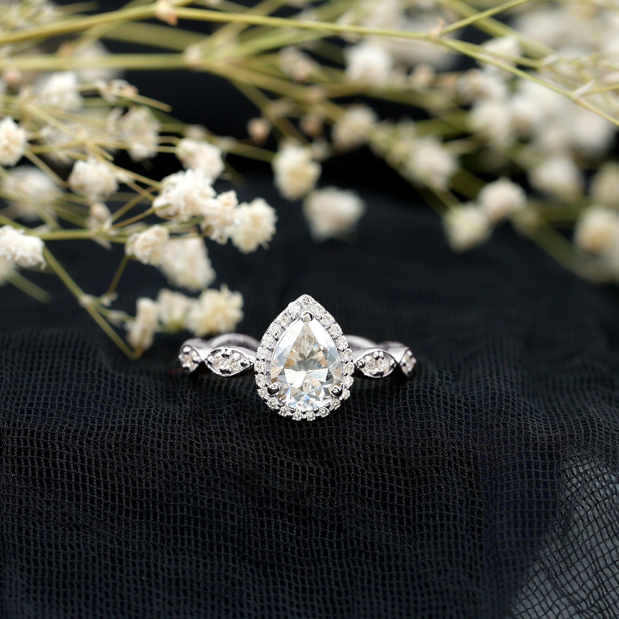 Lab Grown Diamond Teardrop Engagement Ring with Scalloped Shank Lab - ( EF-VS ) - Rosec Jewels