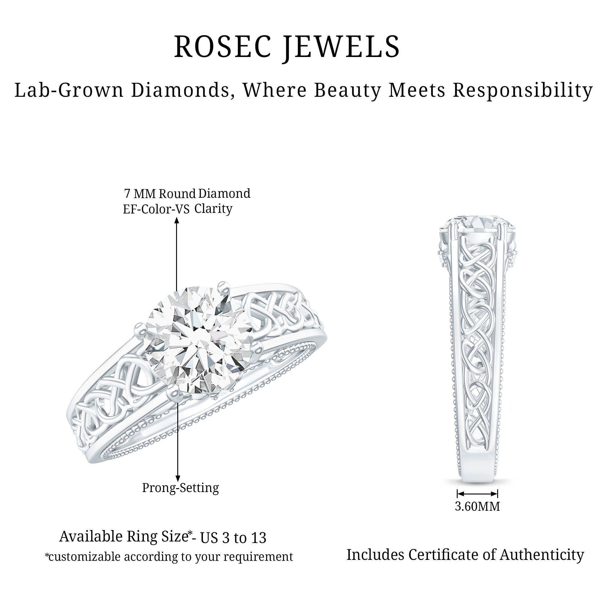 Certified 7 MM Lab Grown Diamond Celtic Design Engagement Ring Lab - ( EF-VS ) - Rosec Jewels
