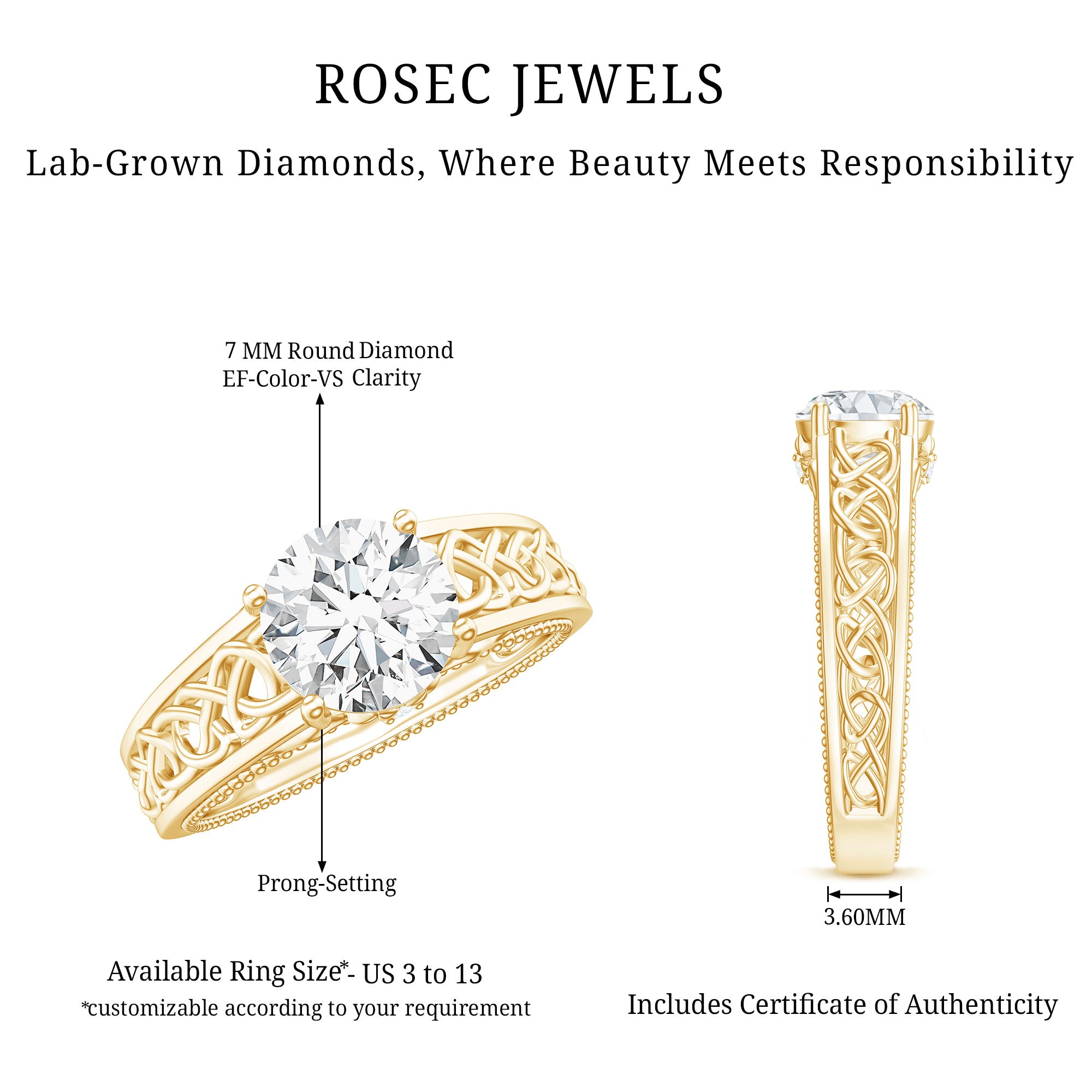 Certified 7 MM Lab Grown Diamond Celtic Design Engagement Ring Lab - ( EF-VS ) - Rosec Jewels