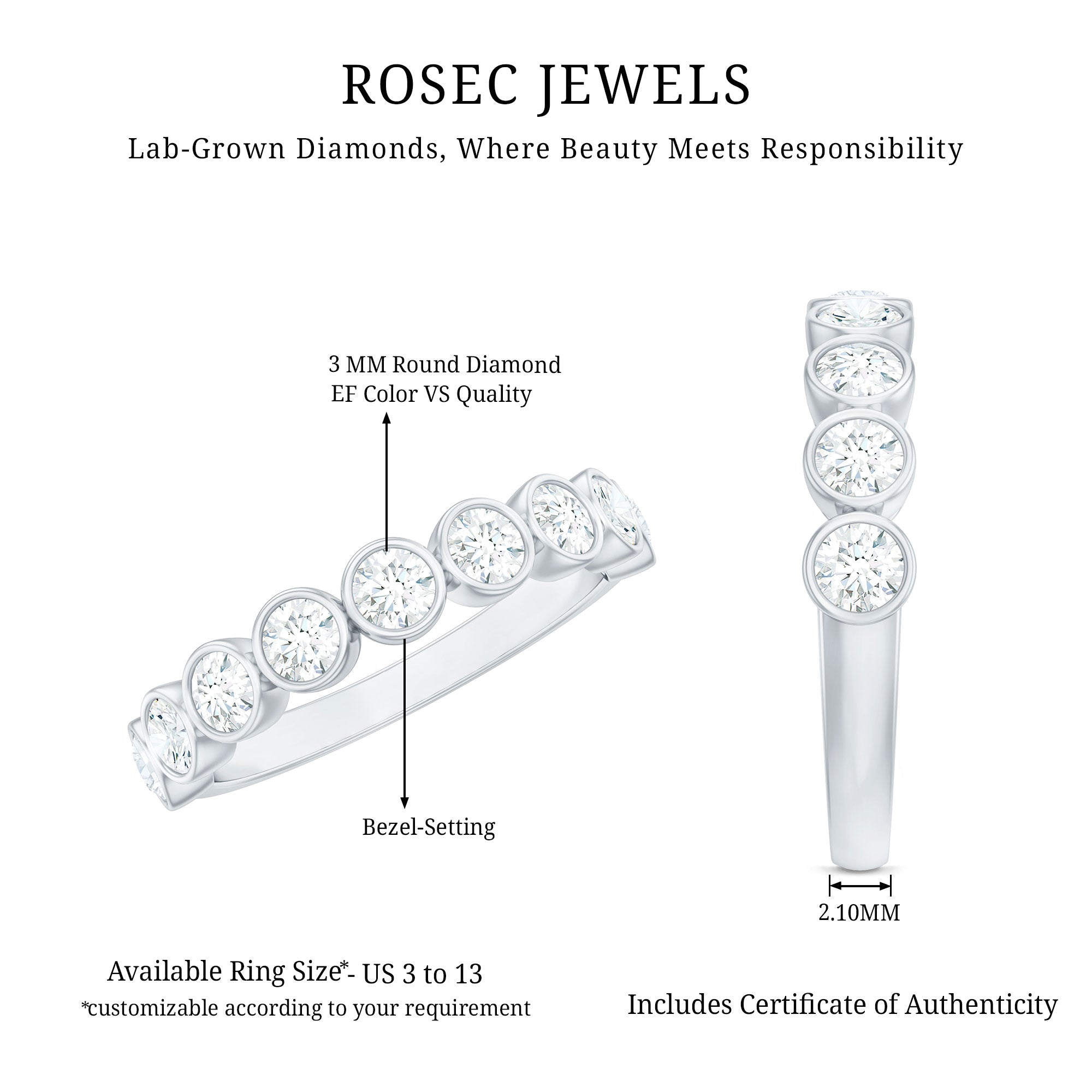 Bezel Set Lab Grown Diamond Semi Eternity Ring for Women Lab - ( EF-VS ) - Rosec Jewels
