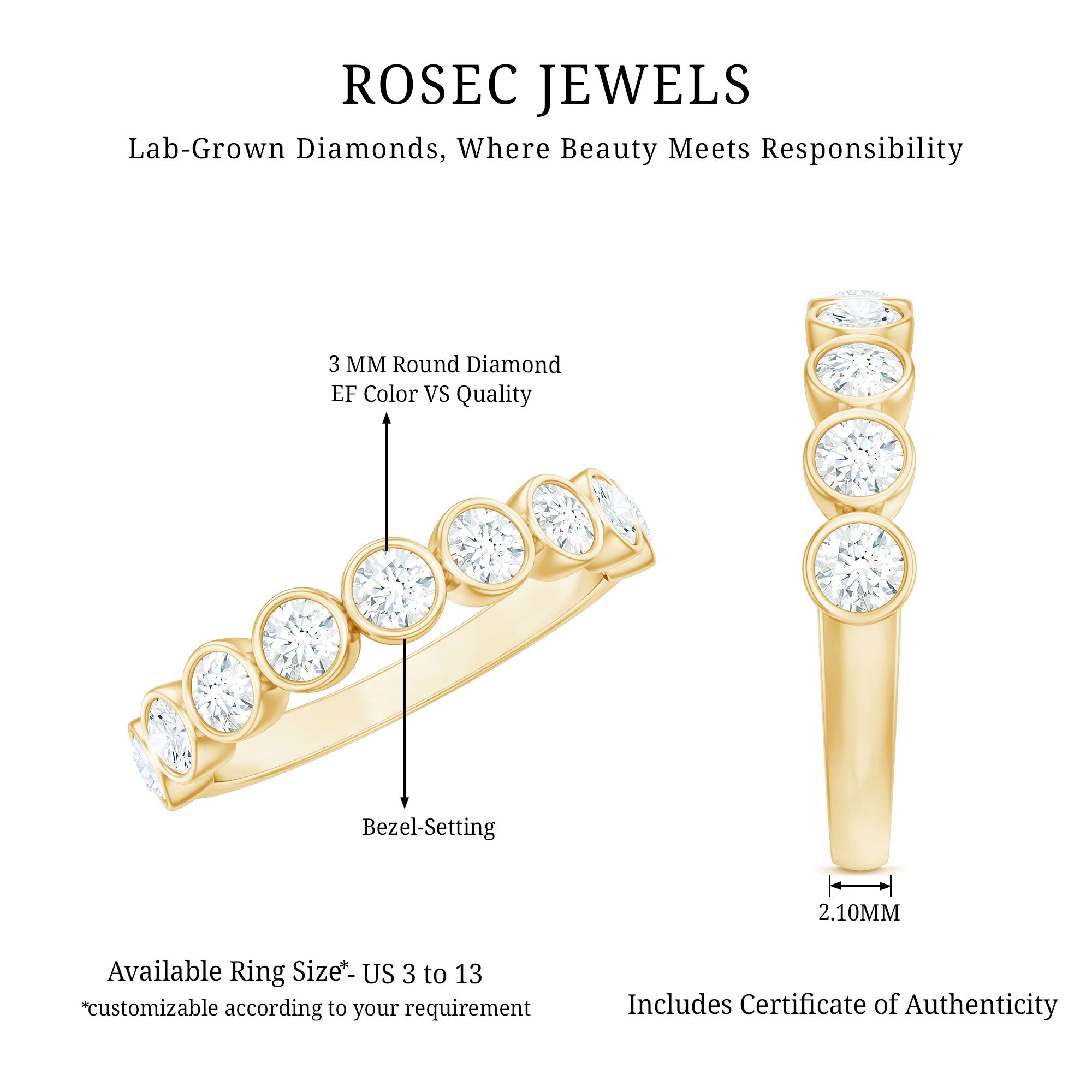 Bezel Set Lab Grown Diamond Semi Eternity Ring for Women Lab - ( EF-VS ) - Rosec Jewels