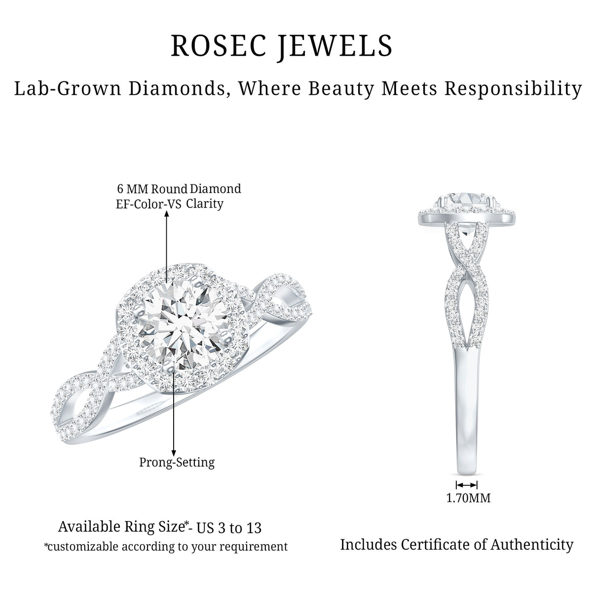 Classic Lab Grown Diamond Criss Cross Engagement Ring Lab - ( EF-VS ) - Rosec Jewels