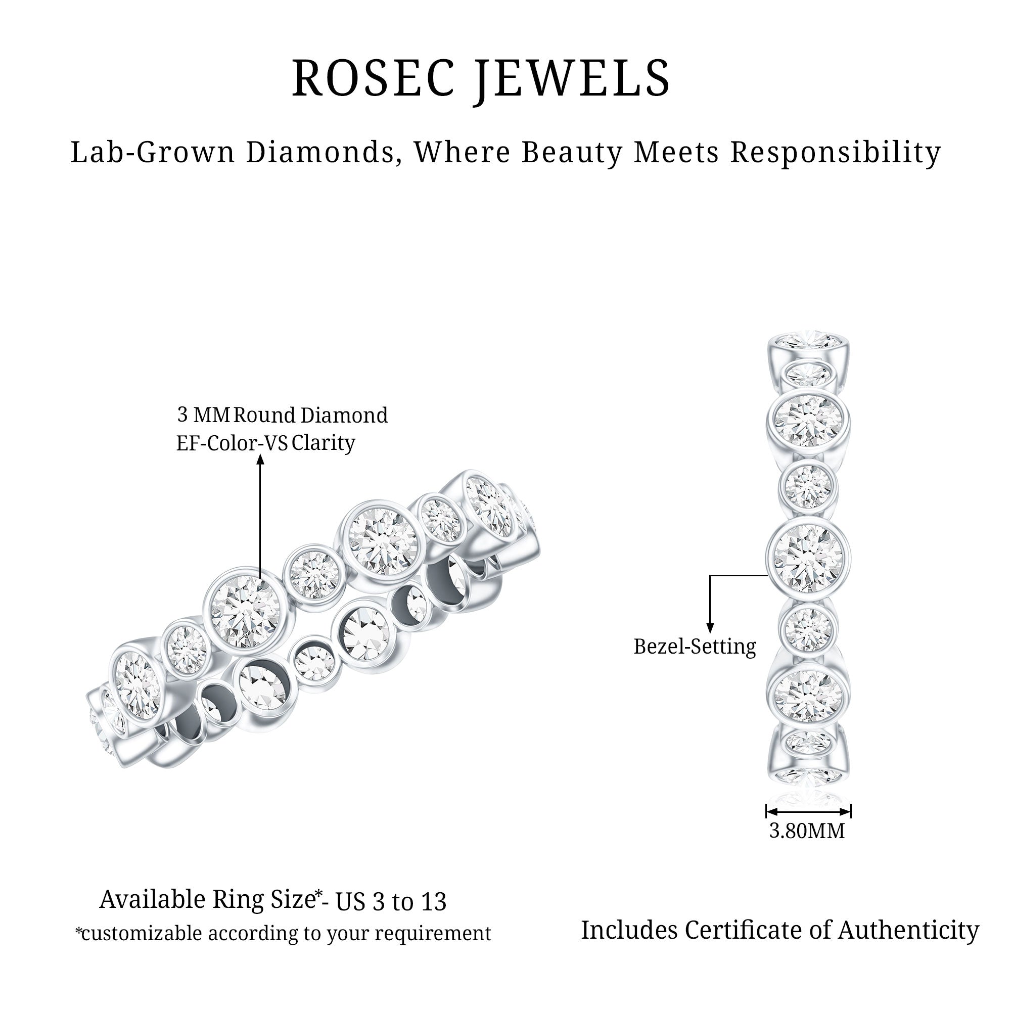Lab Grown Diamond Bezel Set Wedding Band Lab - ( EF-VS ) - Rosec Jewels
