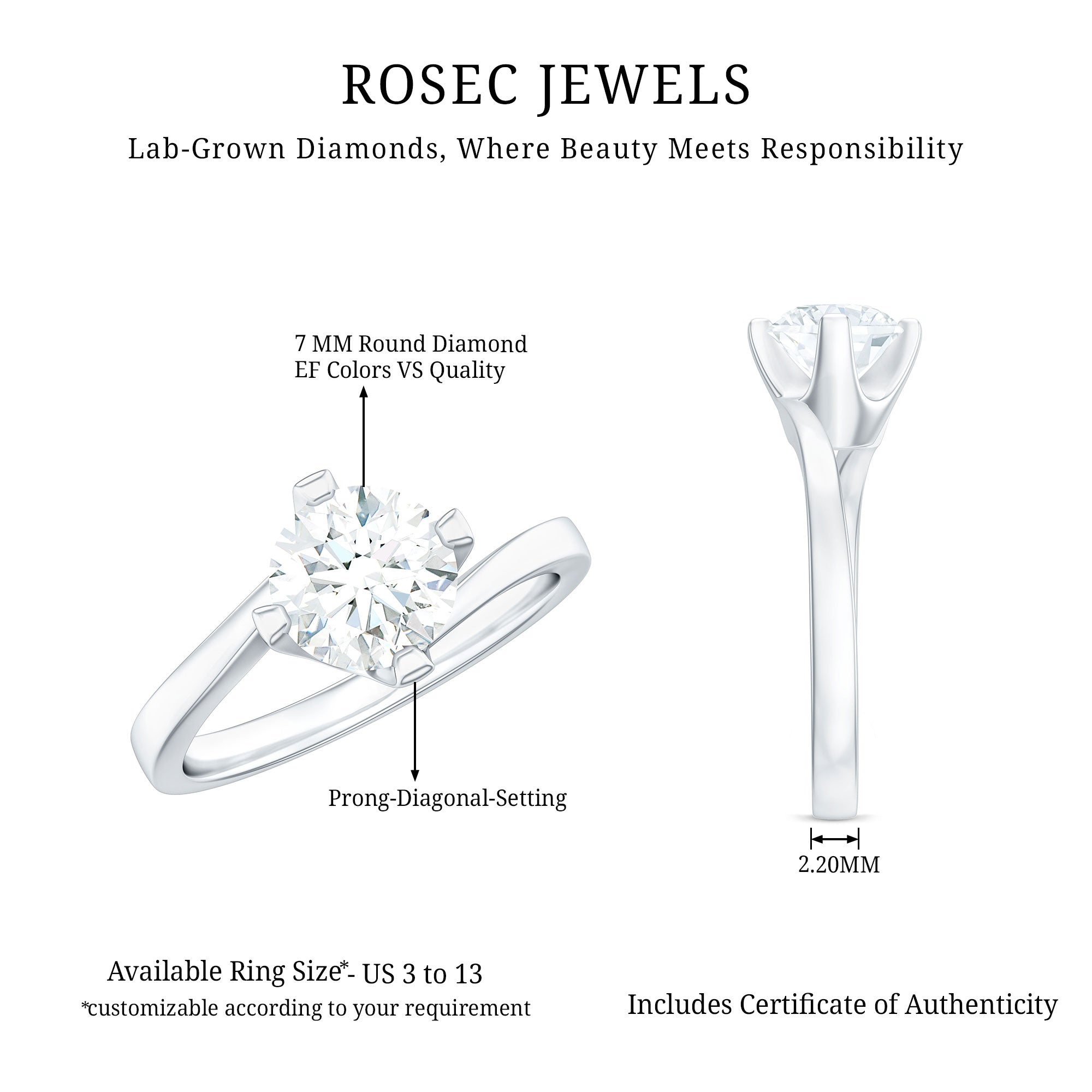 Rosec Jewels-Lab Grown Diamond Engagement Ring With Diagonal 4 Prongs