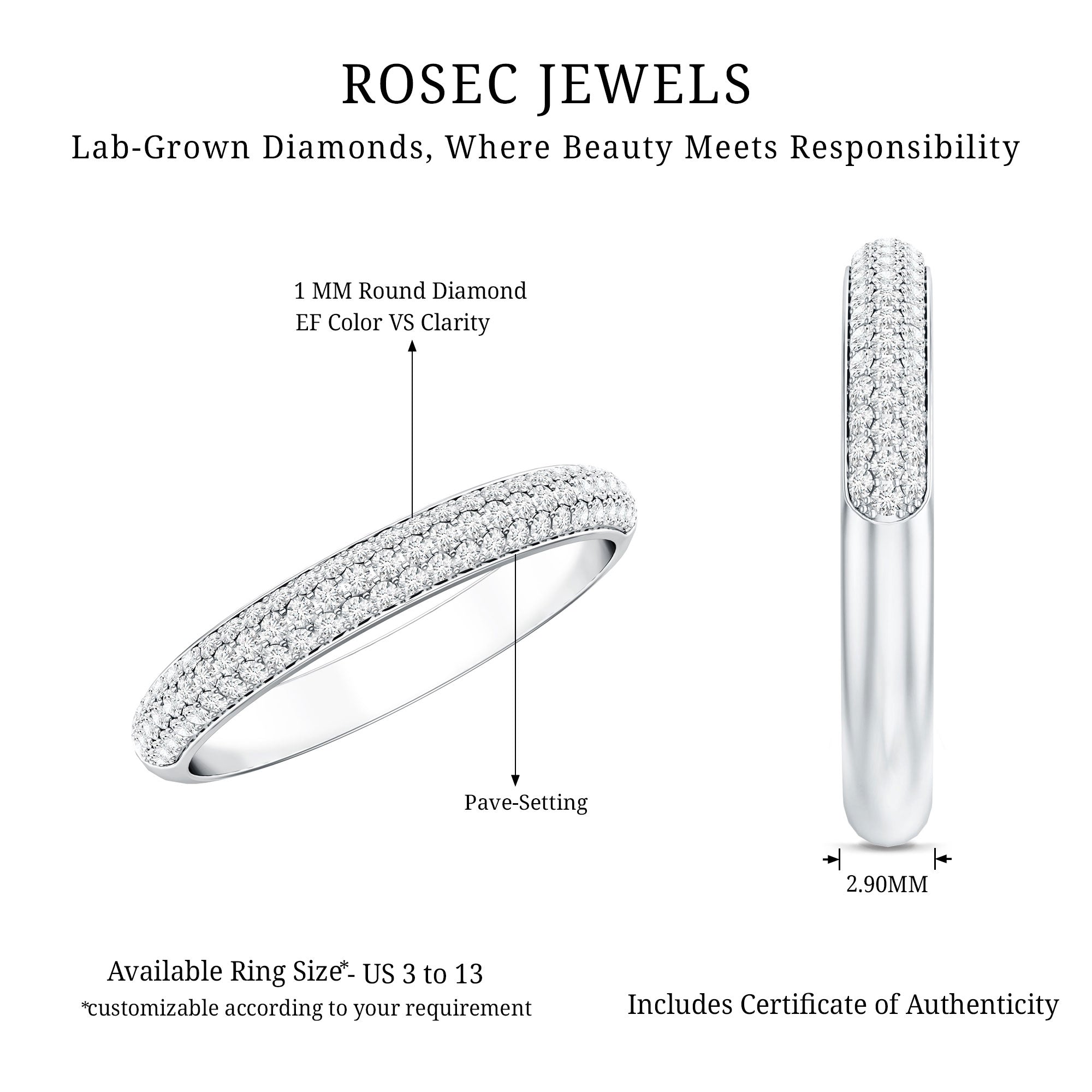 Certified Lab Grown Diamond 3 Row Eternity Ring Lab - ( EF-VS ) - Rosec Jewels