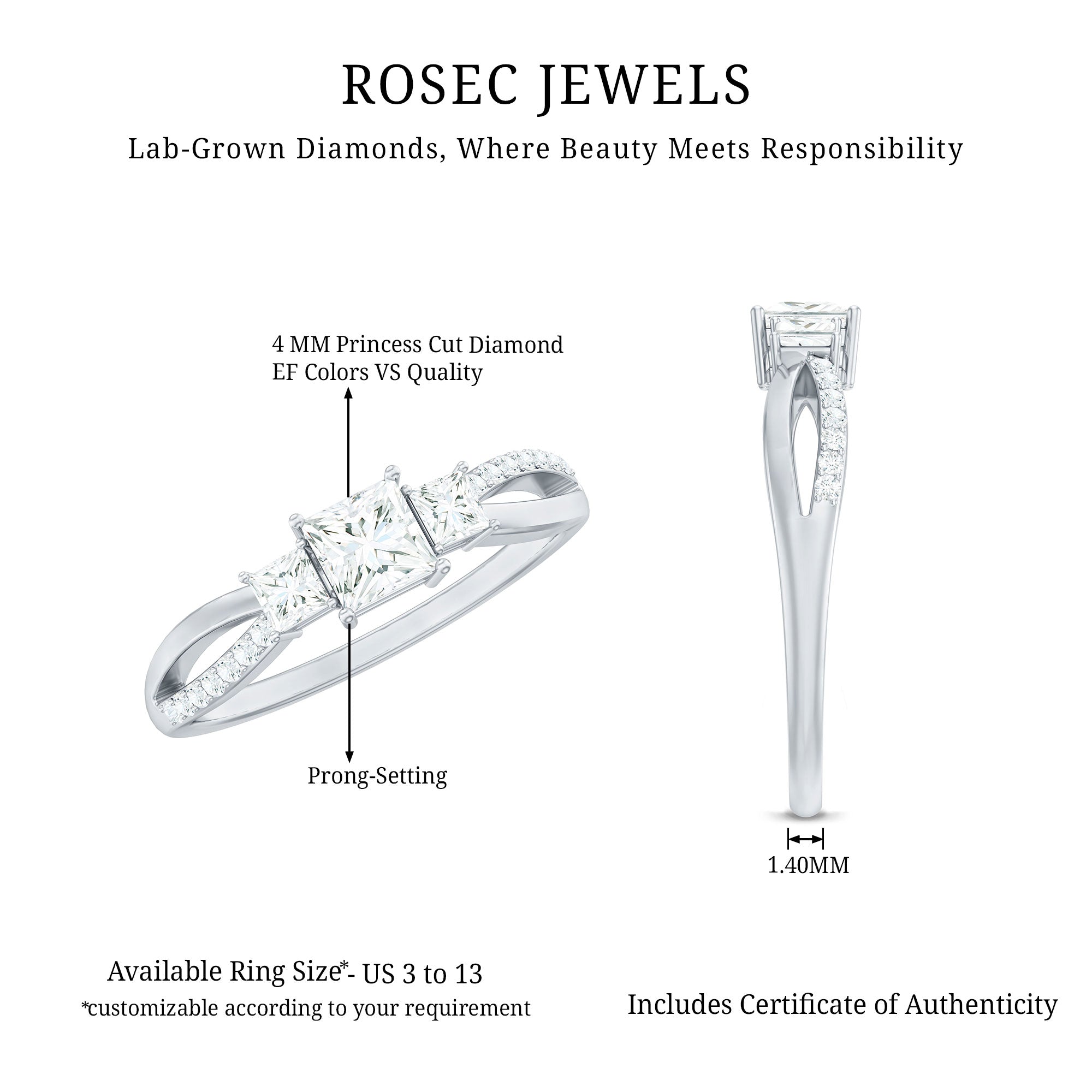 Lab Grown Diamond Three Stone Promise Ring With Split Shank Lab - ( EF-VS ) - Rosec Jewels