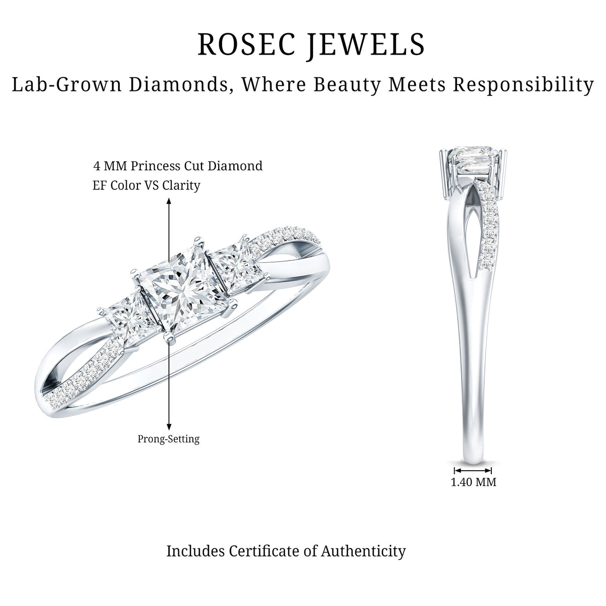 Lab Grown Diamond Three Stone Promise Ring With Split Shank Lab - ( EF-VS ) - Rosec Jewels