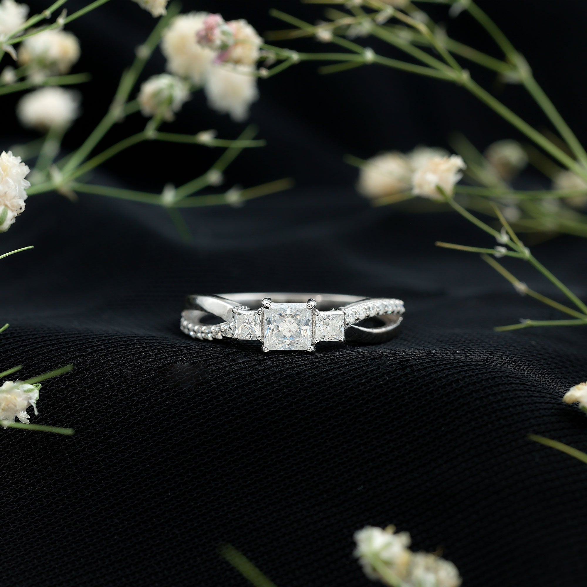 Lab Grown Diamond Three Stone Promise Ring With Split Shank Lab - ( EF-VS ) - Rosec Jewels
