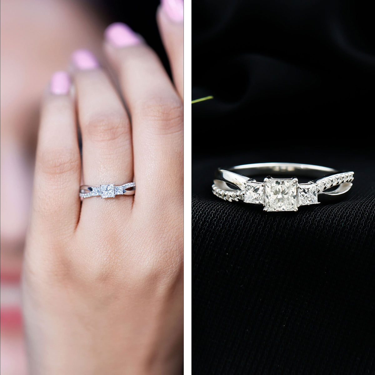 Lab Grown Diamond Three Stone Promise Ring With Split Shank Lab - ( EF-VS ) - Rosec Jewels