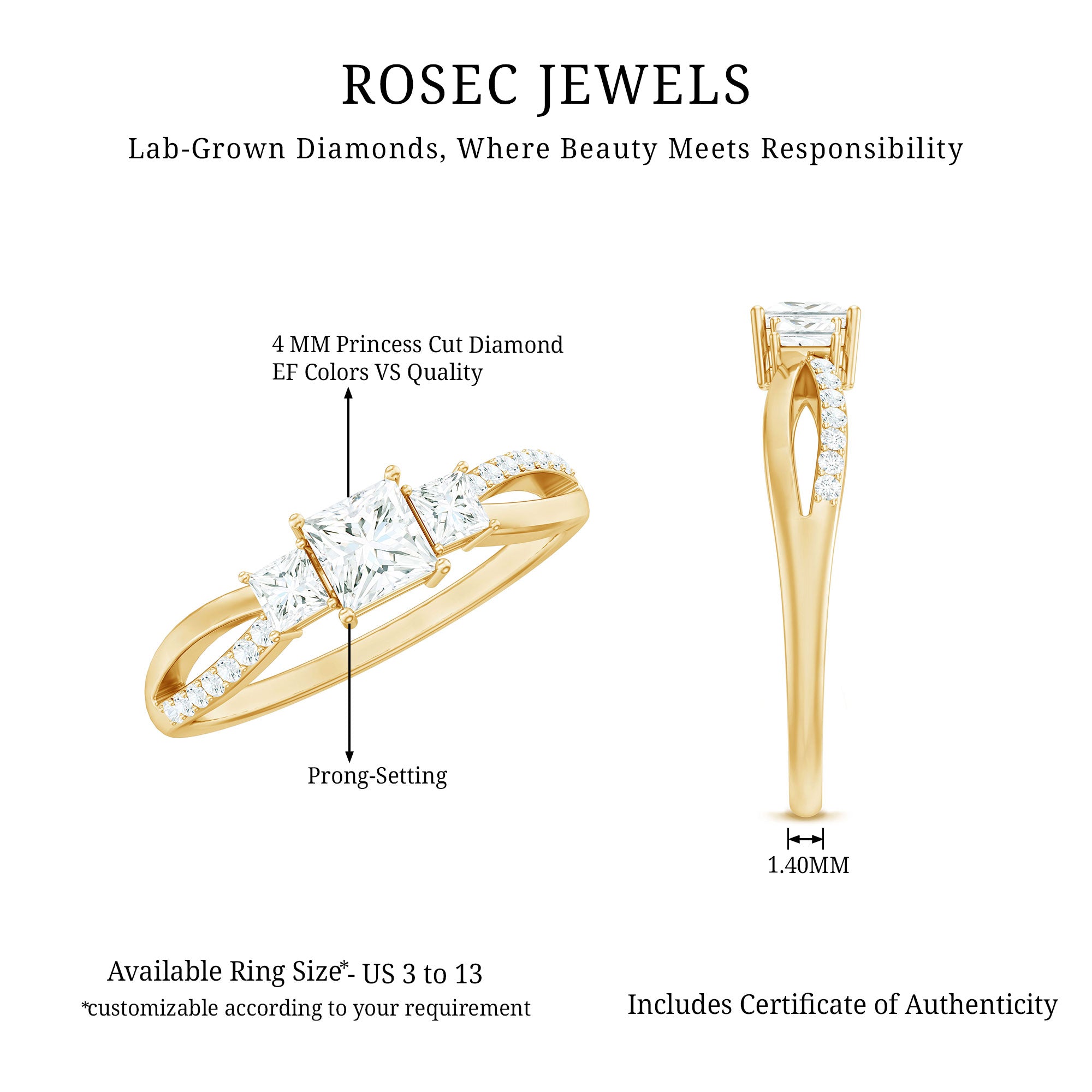 Lab Grown Diamond Three Stone Promise Ring With Split Shank Lab - ( EF-VS ) - Rosec Jewels