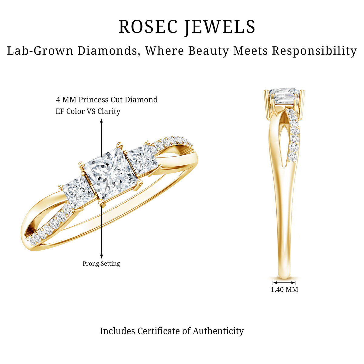 Lab Grown Diamond Three Stone Promise Ring With Split Shank Lab - ( EF-VS ) - Rosec Jewels