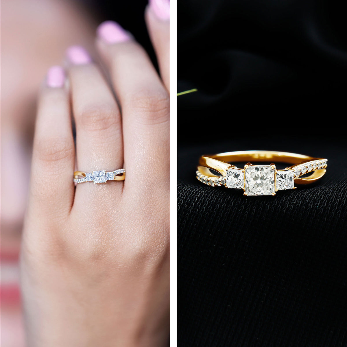 Lab Grown Diamond Three Stone Promise Ring With Split Shank Lab - ( EF-VS ) - Rosec Jewels