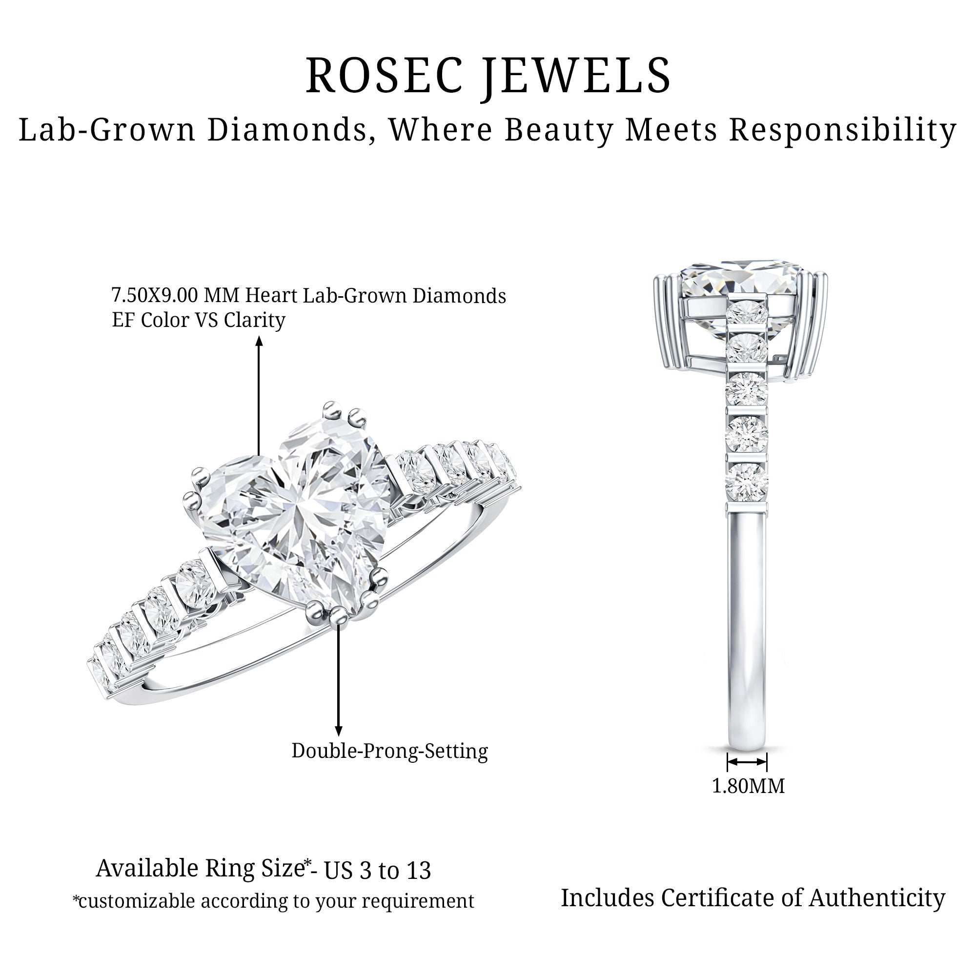 Certified 8 MM Lab Grown Diamond Heart Engagement Ring for Her Lab - ( EF-VS ) - Rosec Jewels