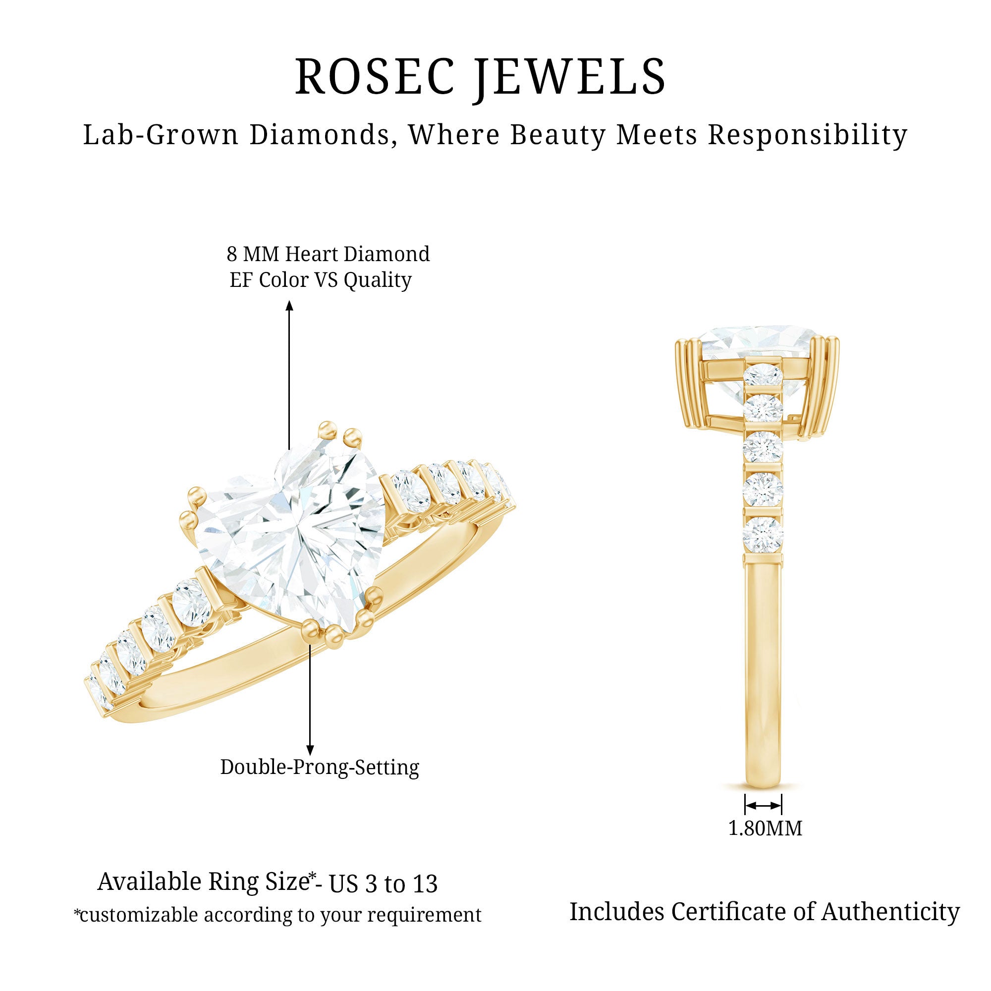 Rosec Jewels-Certified 8 MM Lab Grown Diamond Heart Engagement Ring for Her