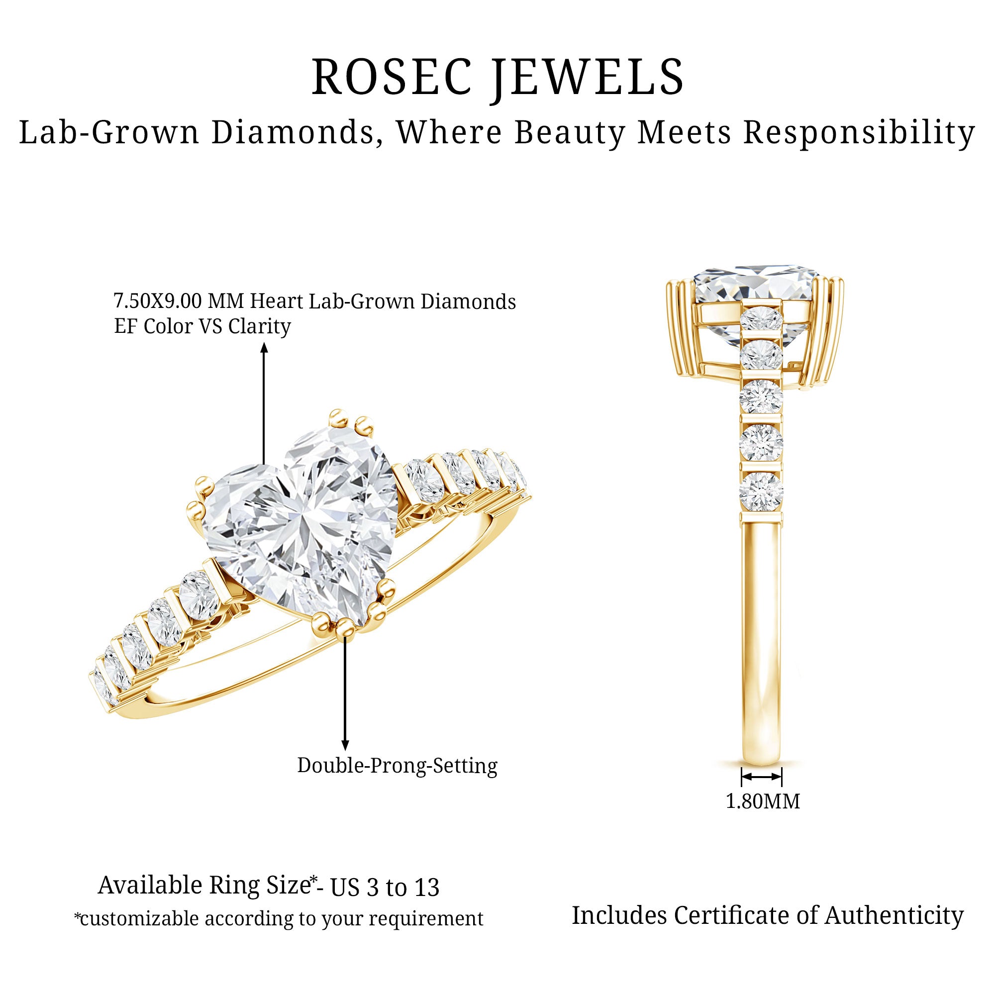 Certified 8 MM Lab Grown Diamond Heart Engagement Ring for Her Lab - ( EF-VS ) - Rosec Jewels
