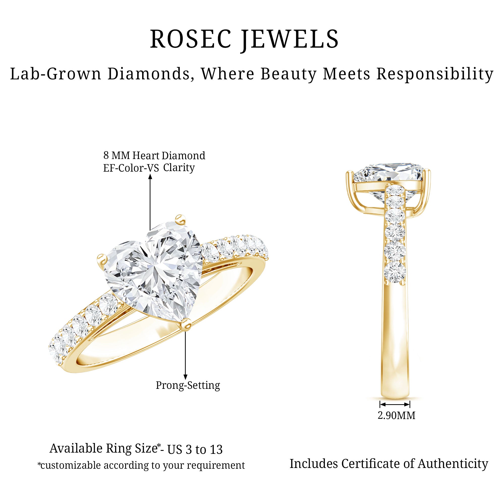 3 Prong Lab Grown Diamond Heart Engagement Ring For Women Lab - ( EF-VS ) - Rosec Jewels