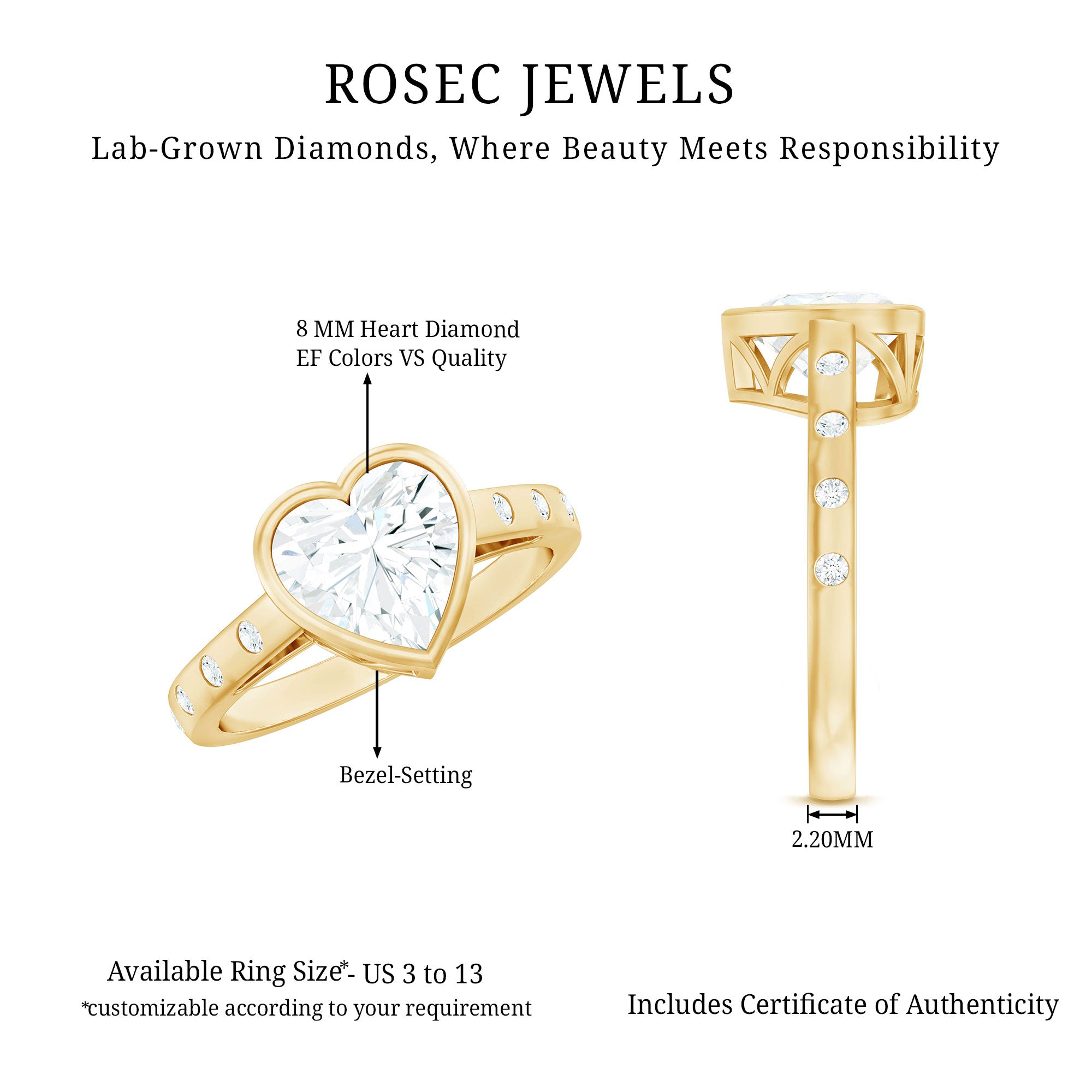 Rosec Jewels-Bezel Set Brilliant Cut Lab Created Diamond Heart Engagement Ring For Women