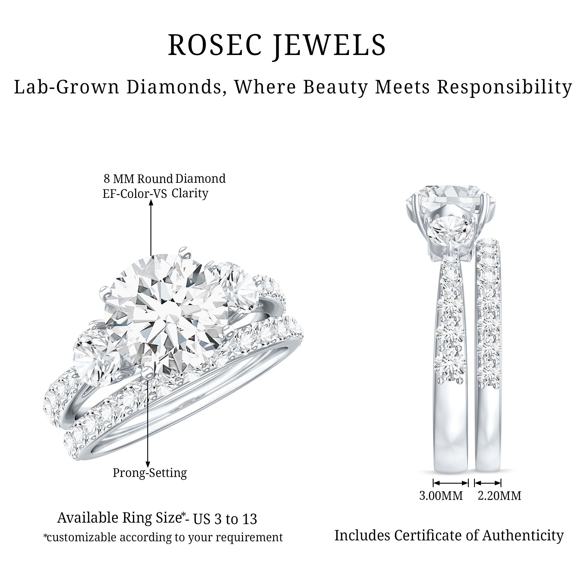 Certified Lab Created Diamond Marriage Ring Set Lab - ( EF-VS ) - Rosec Jewels