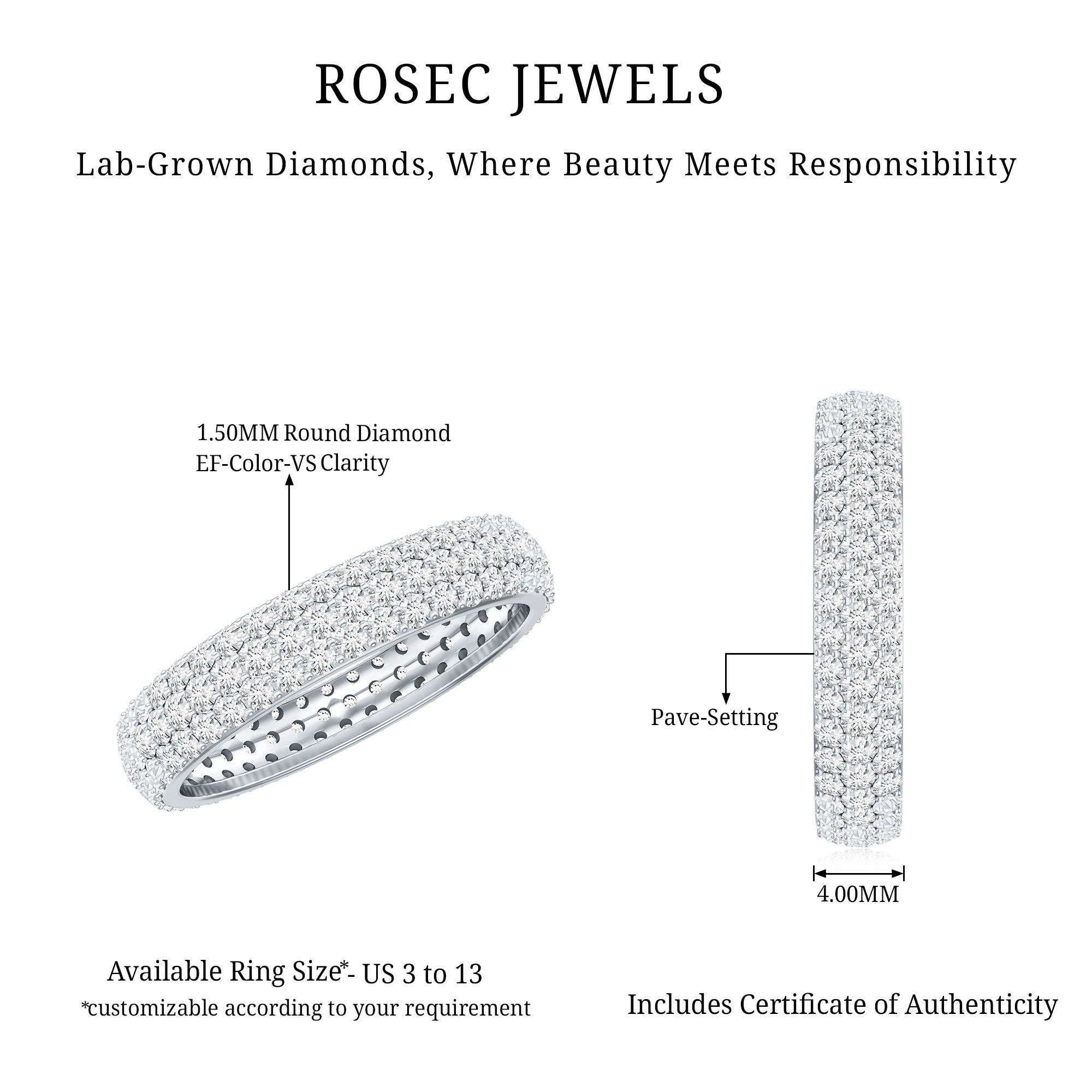 Lab Grown Diamond 3 Row Wedding Band For Women Lab - ( EF-VS ) - Rosec Jewels