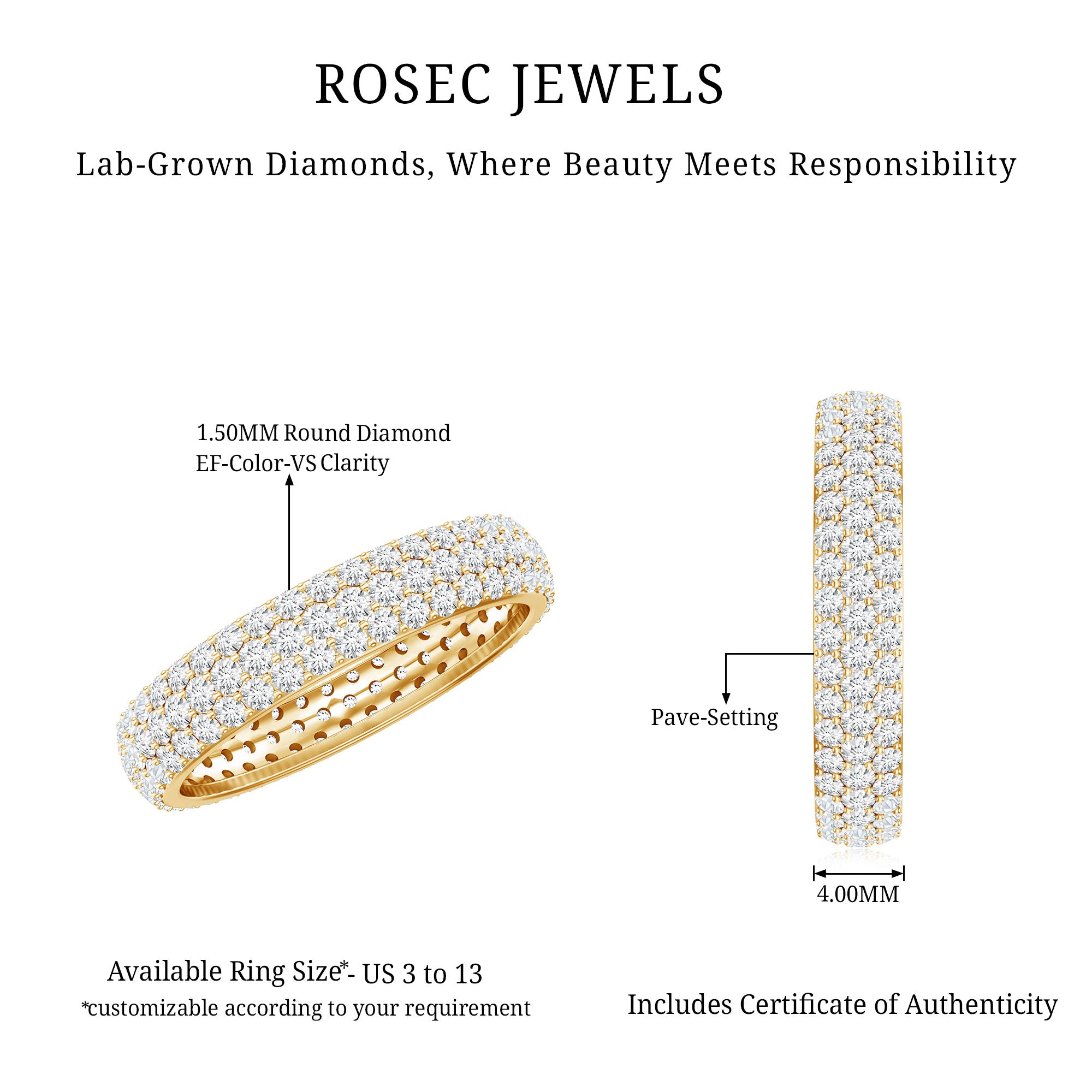 Lab Grown Diamond 3 Row Wedding Band For Women Lab - ( EF-VS ) - Rosec Jewels