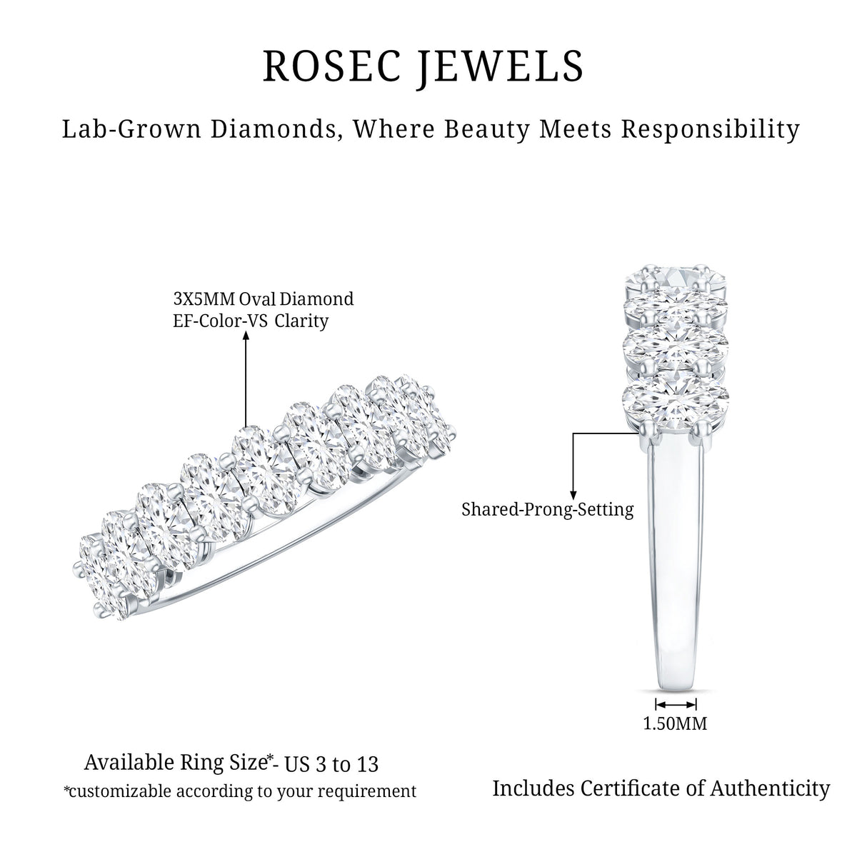 Brilliant Cut Oval Diamond Semi Eternity Ring for Women Lab - ( EF-VS ) - Rosec Jewels