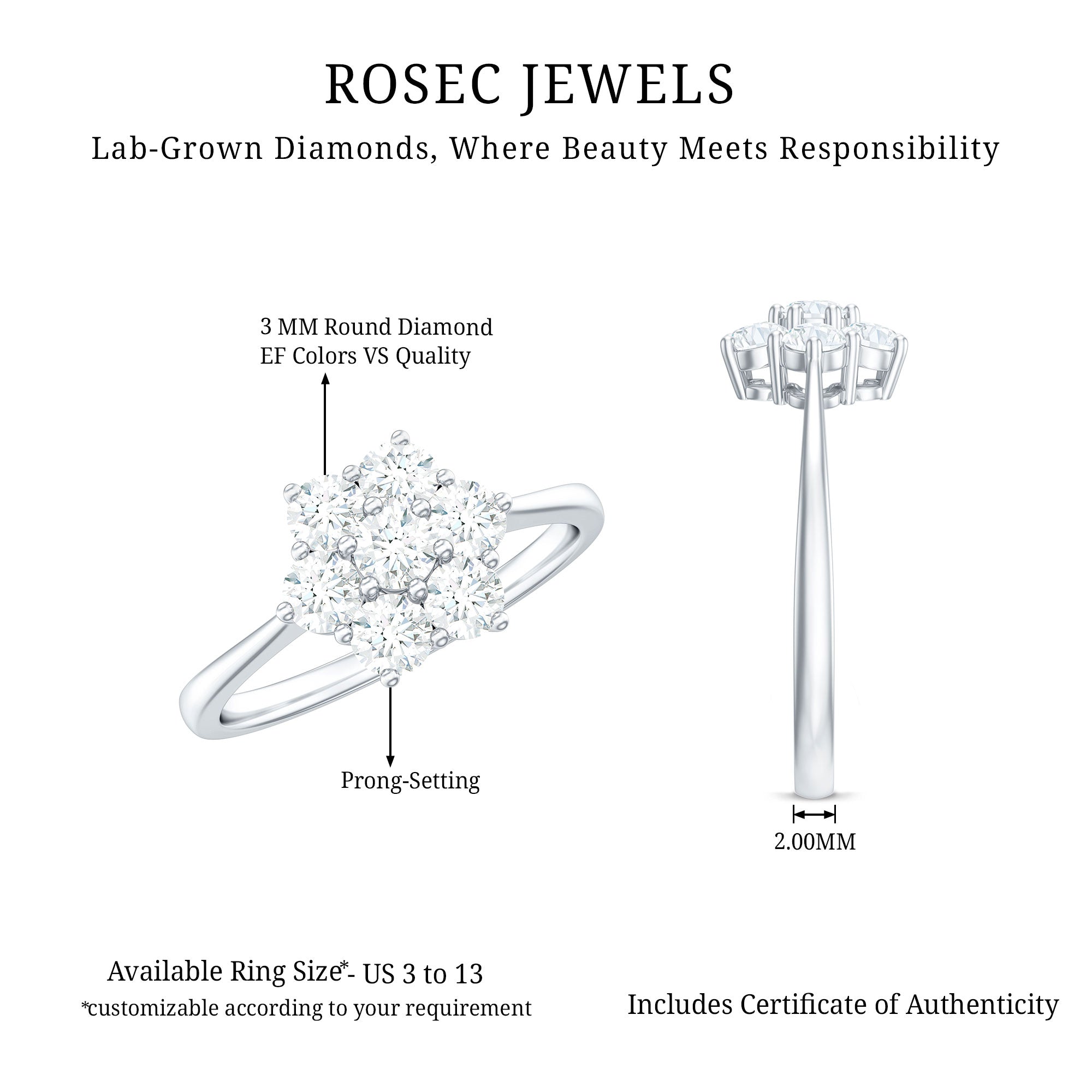Flower Cluster Lab Grown Diamond Engagement Ring Lab - ( EF-VS ) - Rosec Jewels
