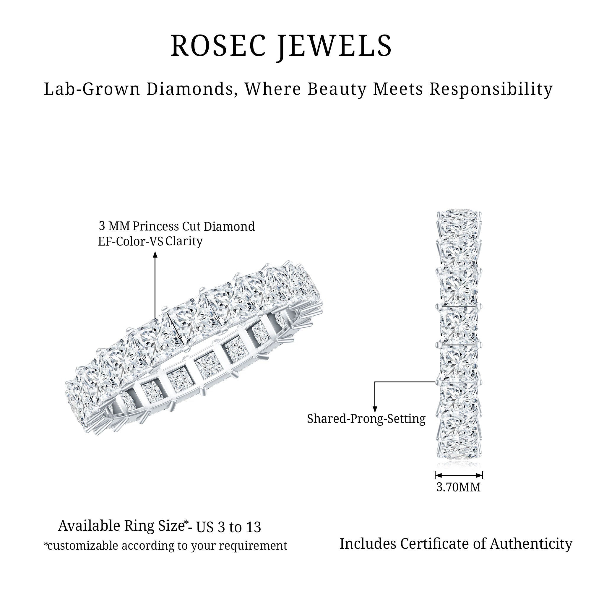 Certified Lab Grown Diamond Princess Cut Wedding Ring Lab - ( EF-VS ) - Rosec Jewels