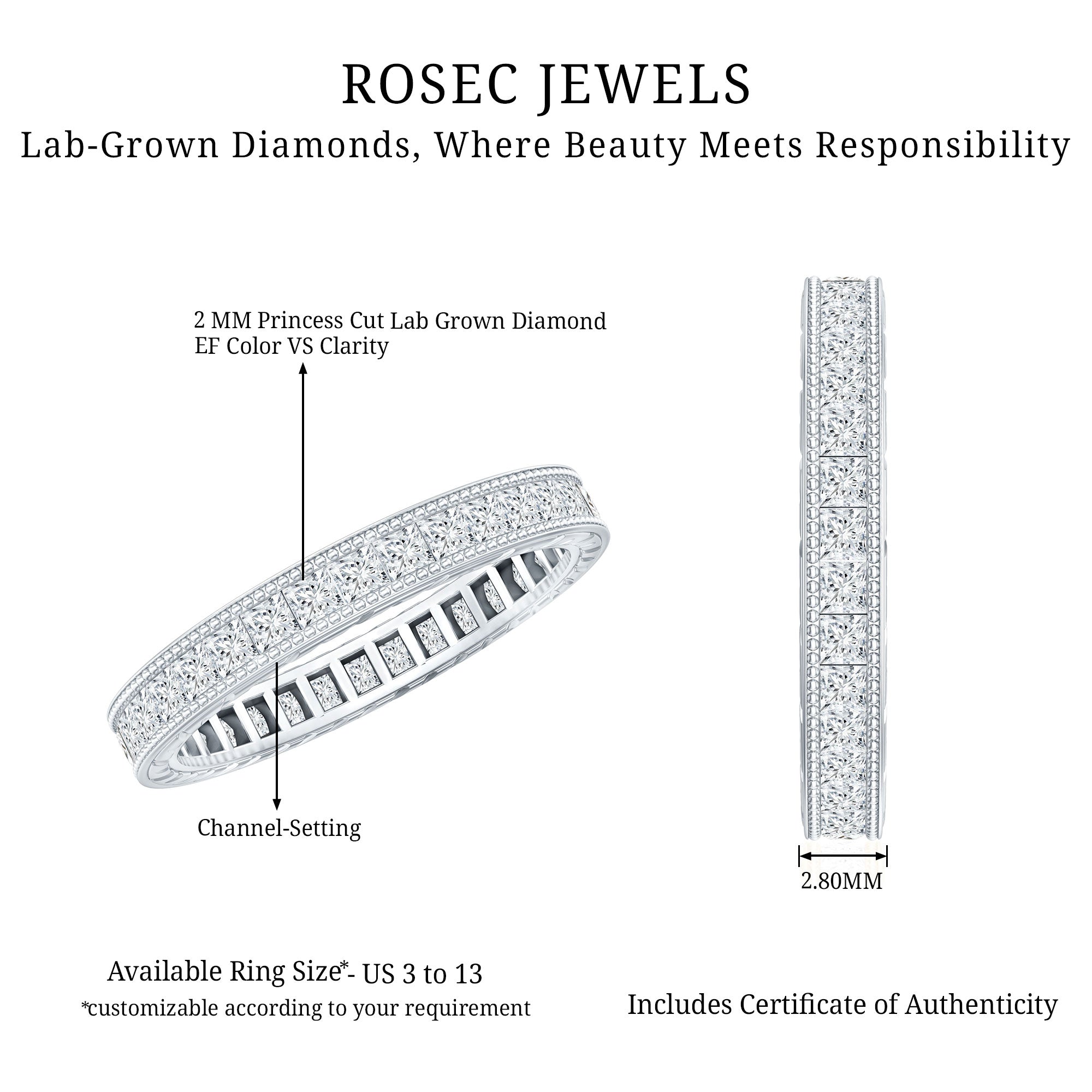 Certified Lab Created Diamond Princess Cut Wedding Band Lab - ( EF-VS ) - Rosec Jewels