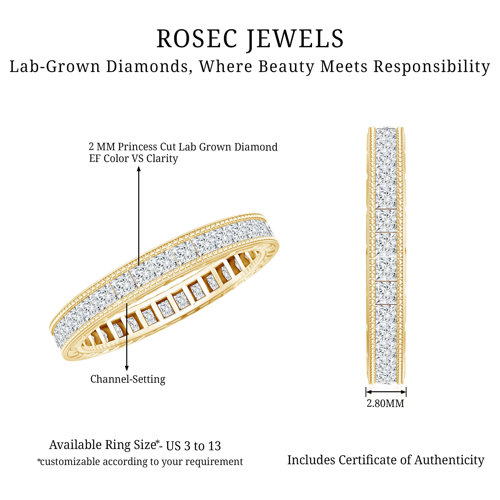 Certified Lab Created Diamond Princess Cut Wedding Band Lab - ( EF-VS ) - Rosec Jewels