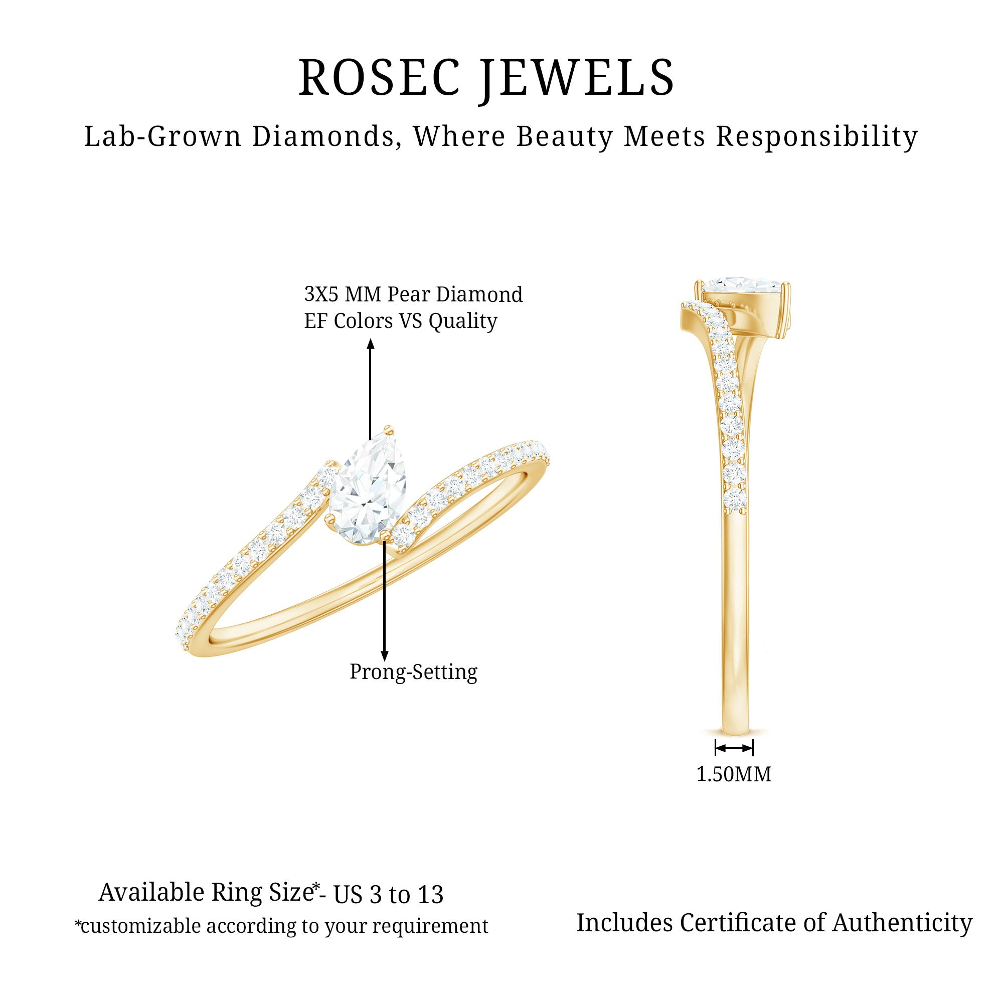 Rosec Jewels-Pear Cut Lab Grown Diamond Bypass Promise Ring