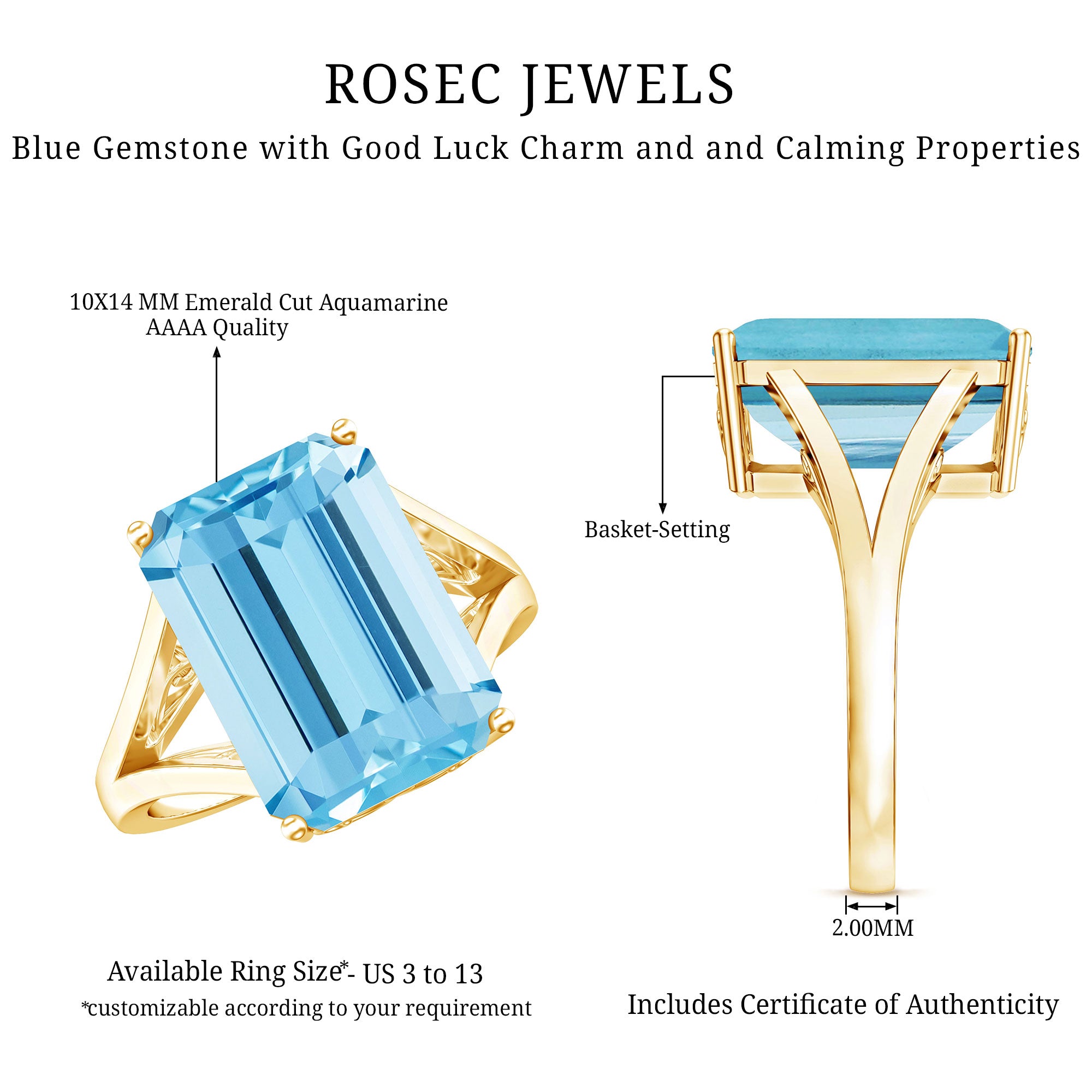 Certified 9 Carat Aquamarine Emerald Cut Engagement Ring in Yellow Gold Plated Silver AAAA 14K Yellow Gold Plated Silver - Rosec Jewels