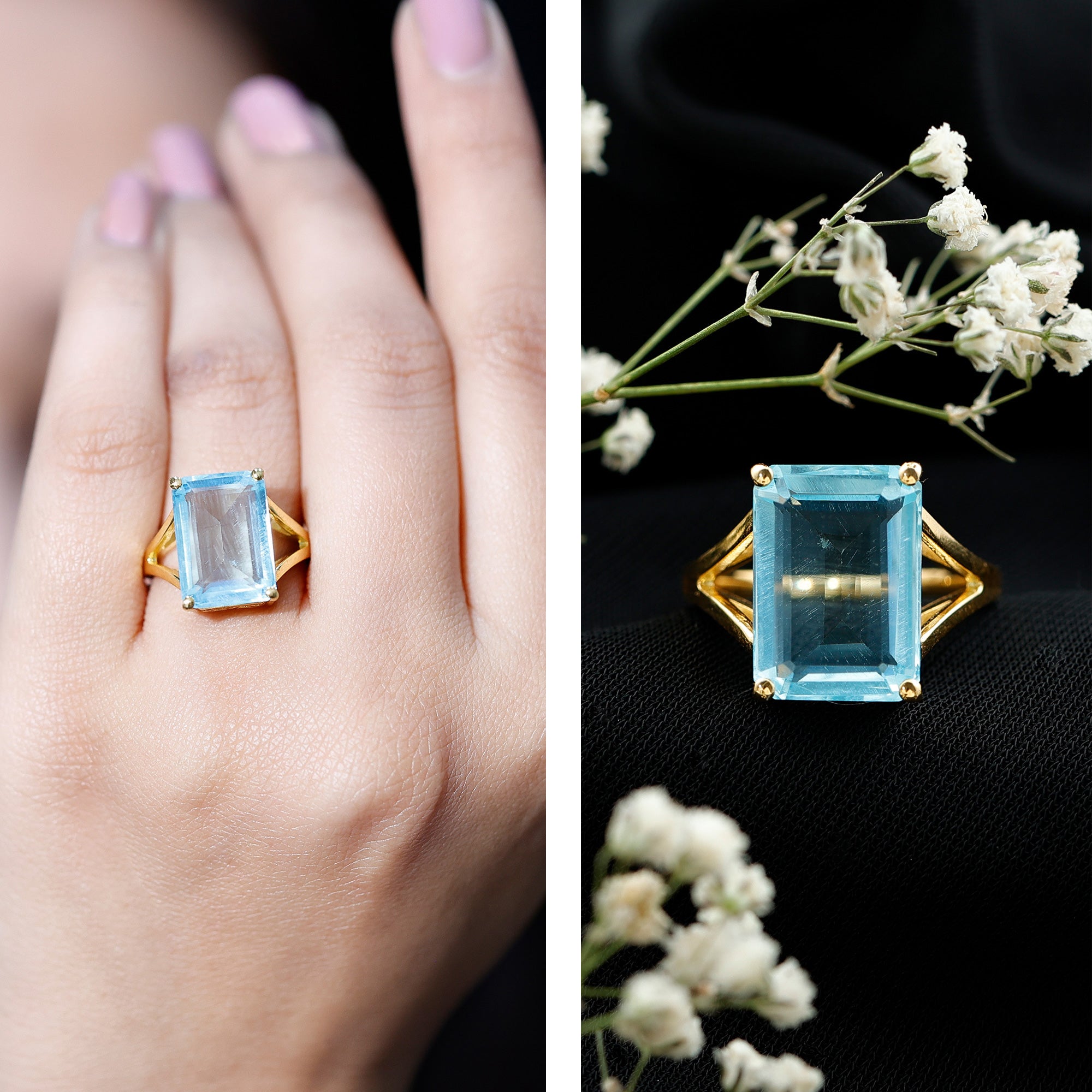 Certified 9 Carat Aquamarine Emerald Cut Engagement Ring in Yellow Gold Plated Silver AAAA 14K Yellow Gold Plated Silver - Rosec Jewels