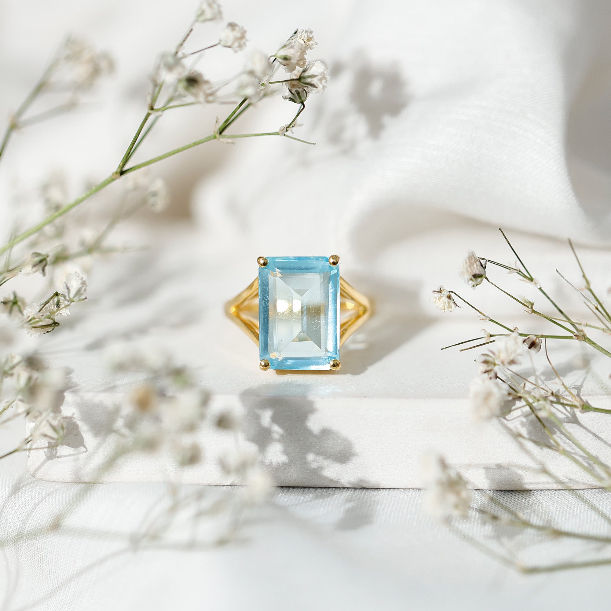 Certified 9 Carat Aquamarine Emerald Cut Engagement Ring in Yellow Gold Plated Silver AAAA 14K Yellow Gold Plated Silver - Rosec Jewels