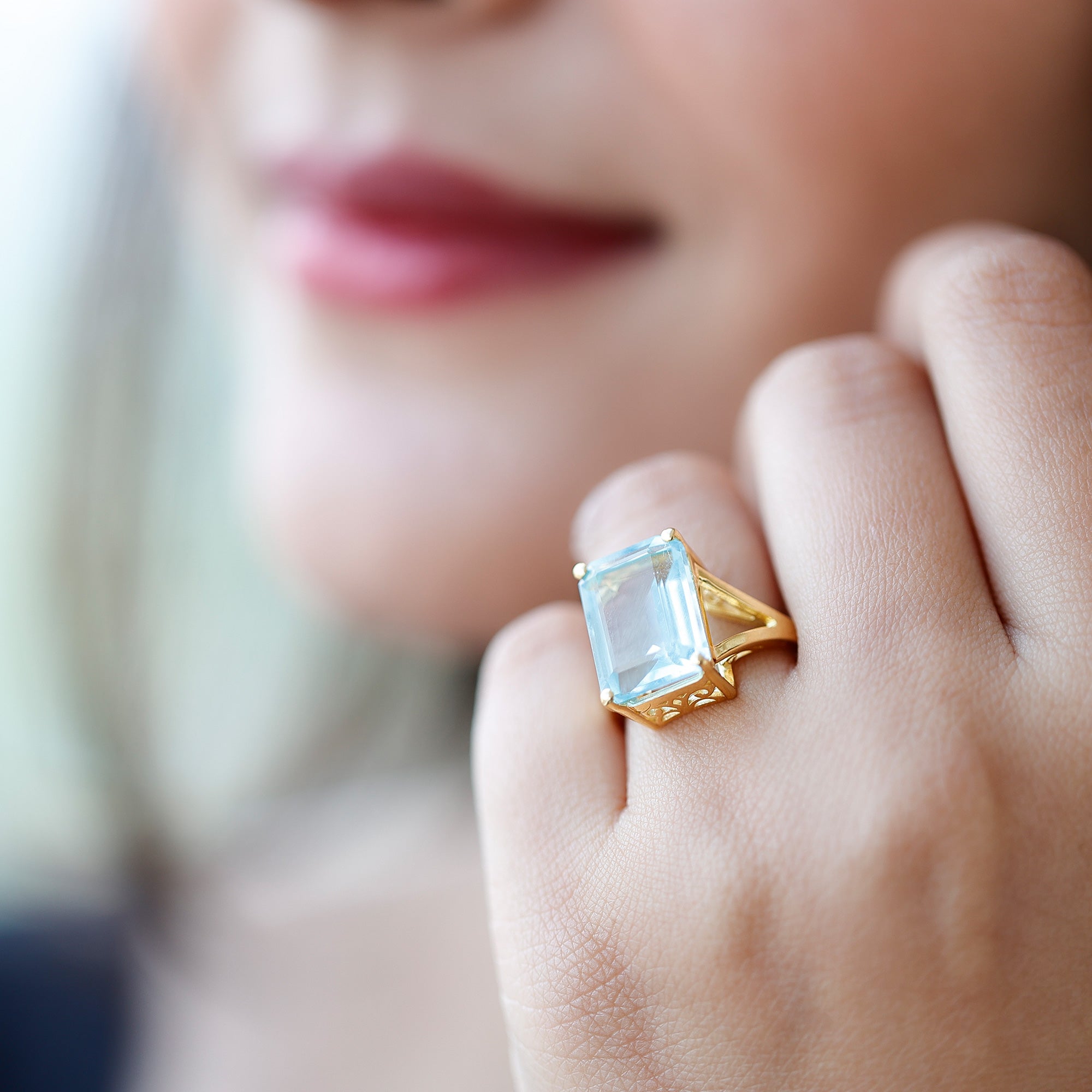 Certified 9 Carat Aquamarine Emerald Cut Engagement Ring in Yellow Gold Plated Silver AAAA 14K Yellow Gold Plated Silver - Rosec Jewels