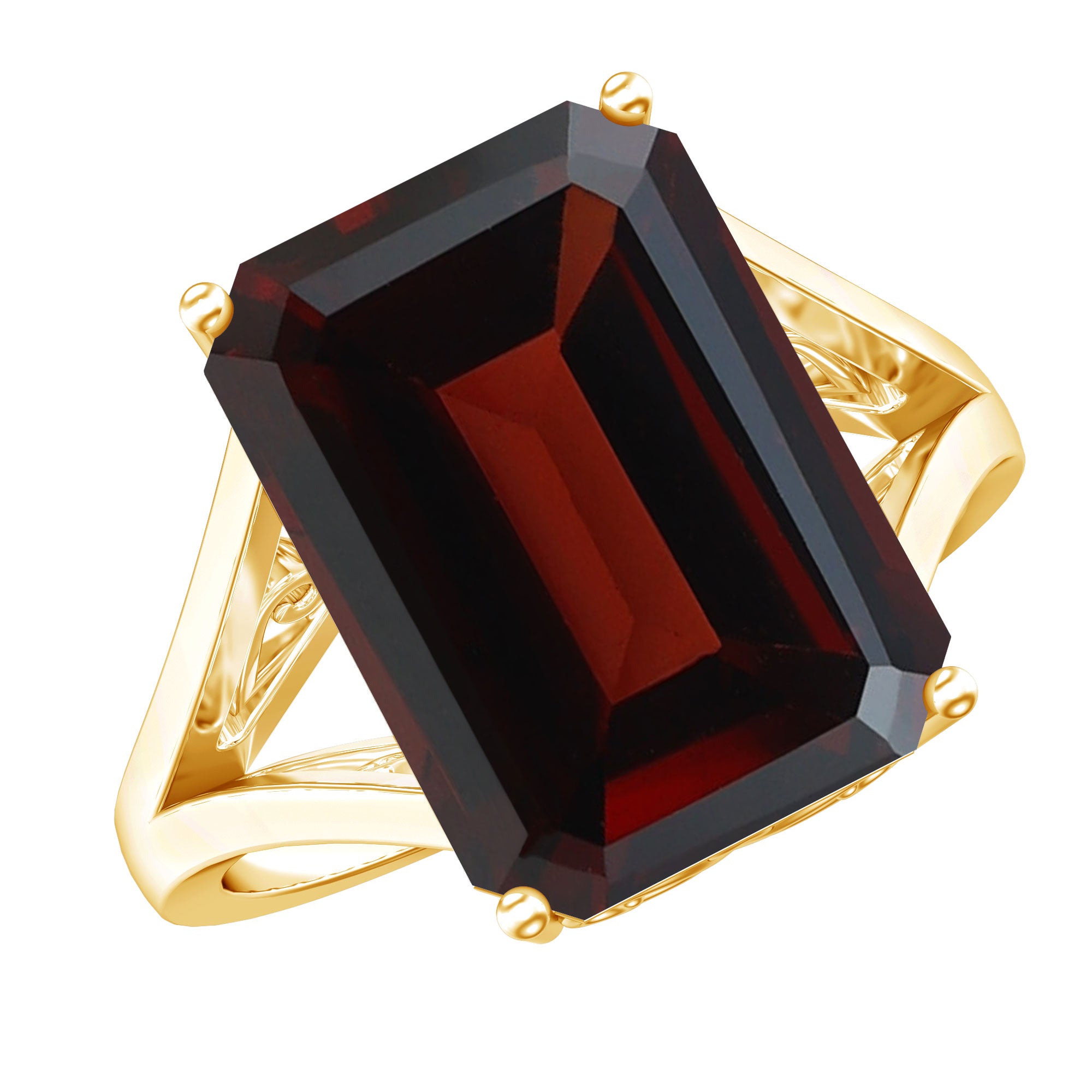 Certified 9 Carat Lab Grown Garnet Emerald Cut Engagement Ring with Split Shank AAAA 14K Yellow Gold Plated Silver - Rosec Jewels