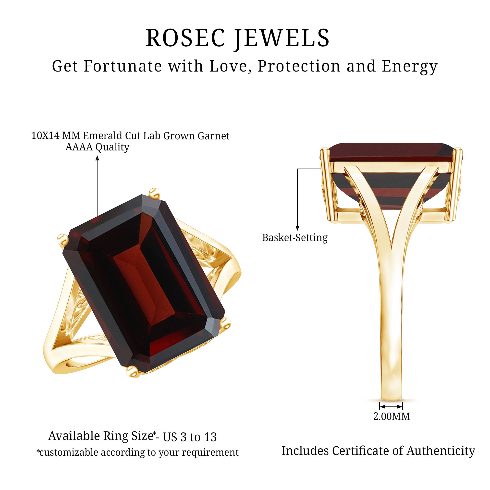 Certified 9 Carat Lab Grown Garnet Emerald Cut Engagement Ring with Split Shank AAAA 14K Yellow Gold Plated Silver - Rosec Jewels